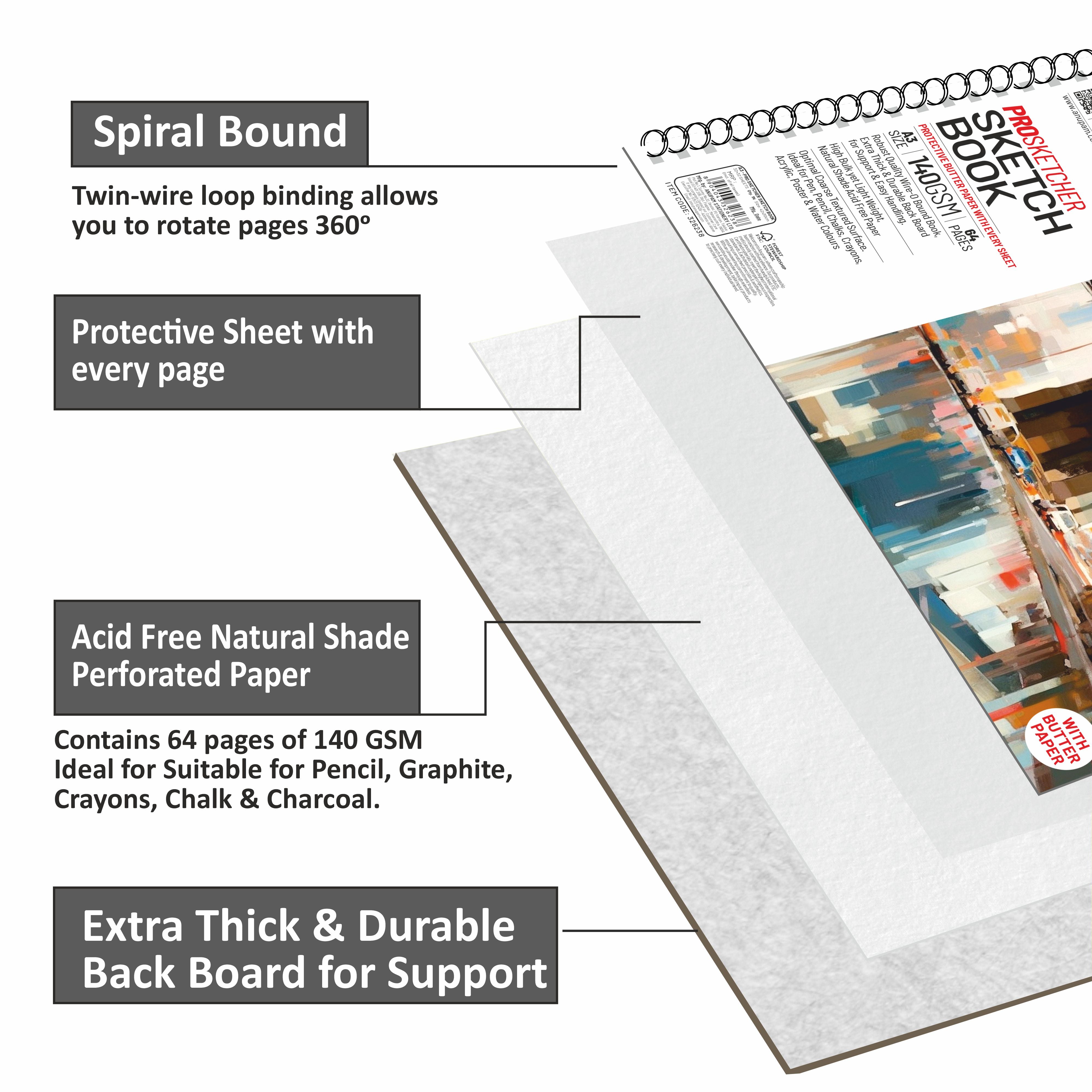 Anupam Pro Sketcher Drawing Book with Butter Paper Pages Spiral-Bound Sketchpad 140 GSM for Artists, Kids & Professionals (32 Sheets, 64 Pages)