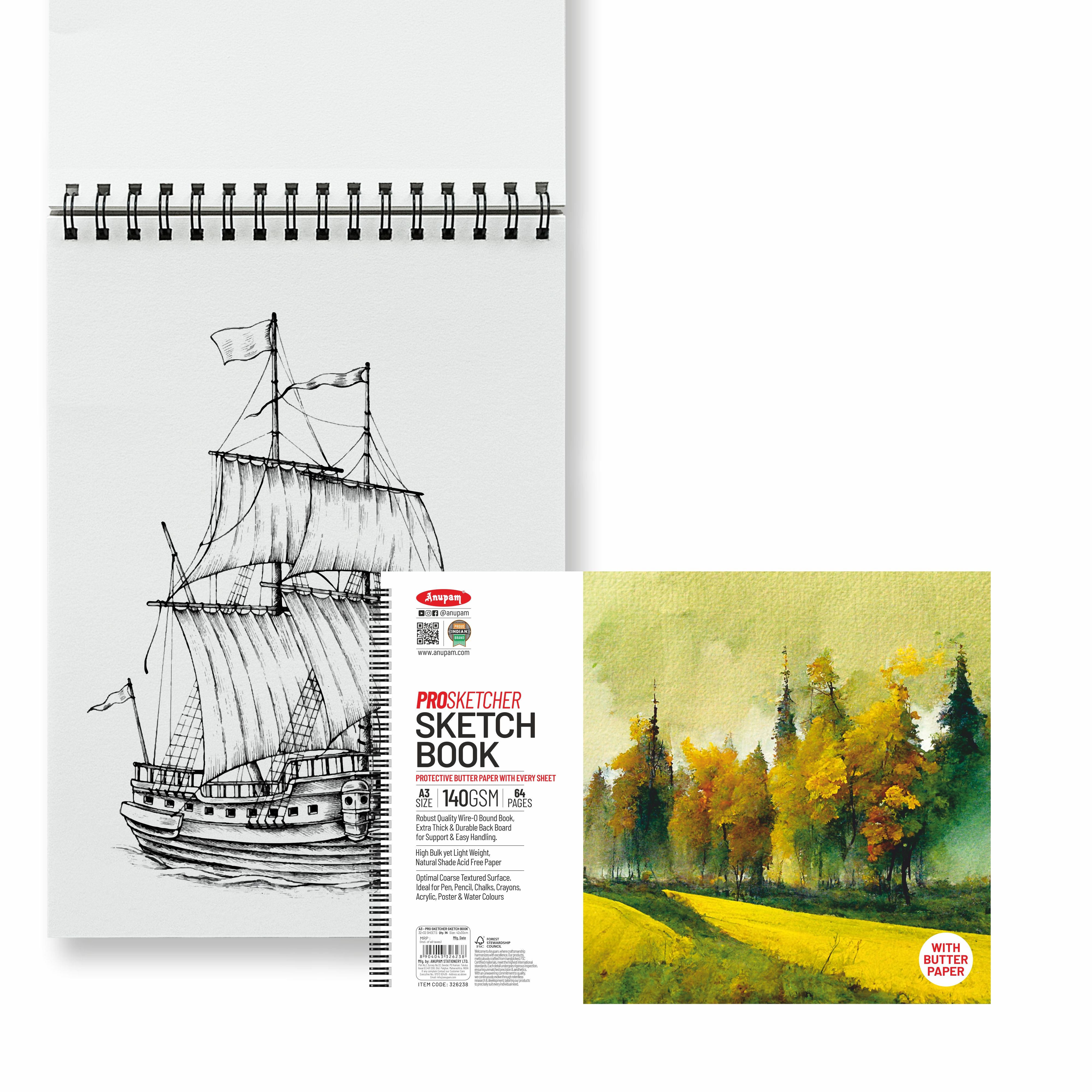 Anupam Pro Sketcher Drawing Book with Butter Paper Pages Spiral-Bound Sketchpad 140 GSM for Artists, Kids & Professionals (32 Sheets, 64 Pages)
