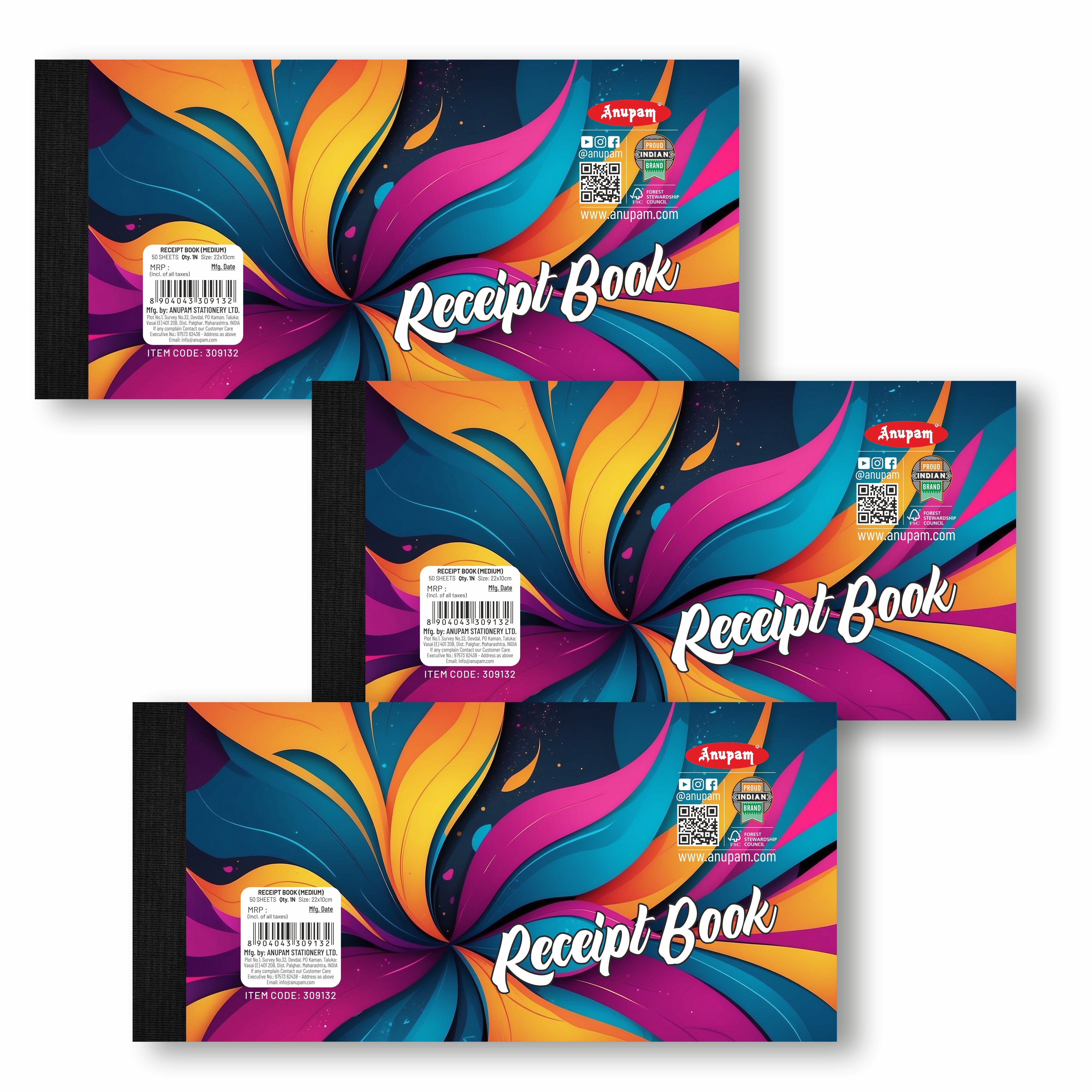 Anupam Medium Receipt Book Robust Board Back Cover – 22x10 cm, 50 Sheets ( Pack of 3)