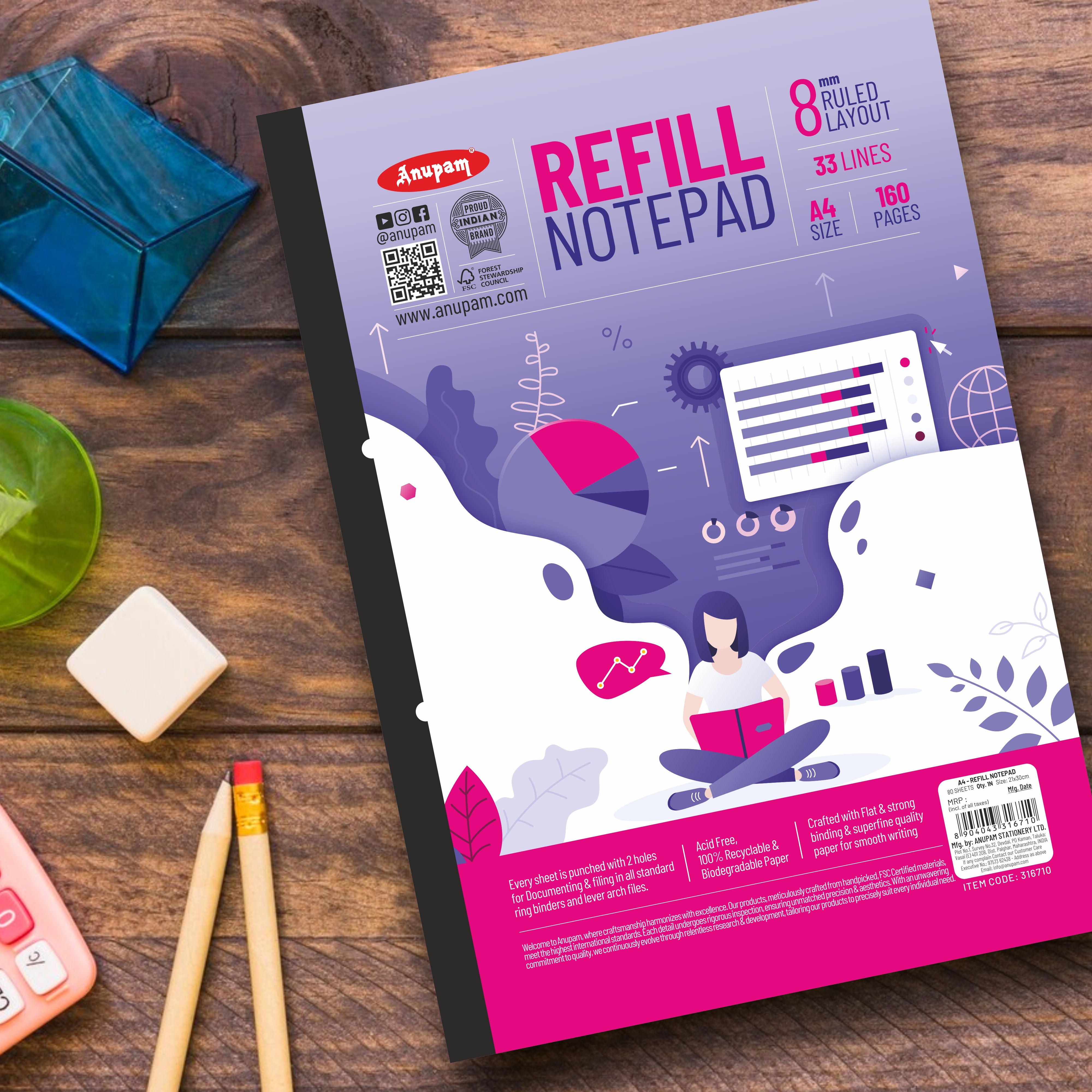 Anupam Refill Writing Notepad A4 Lined Paper-Wide Ruled-80 Sheets-Notepad, One Side Glue Bound-2 Hole Punched Notebook