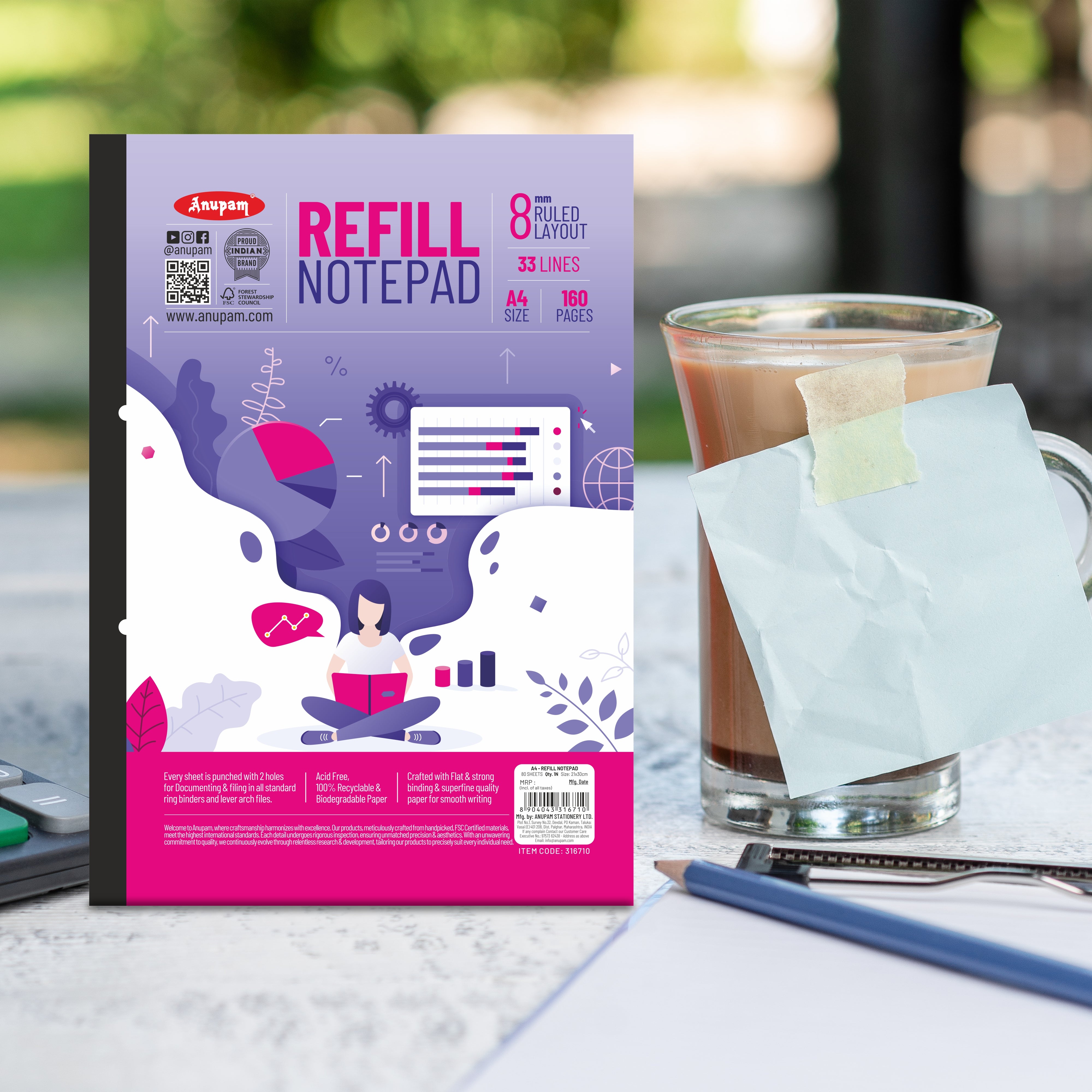 Anupam Refill Writing Notepad A4 Lined Paper-Wide Ruled-80 Sheets-Notepad, One Side Glue Bound-2 Hole Punched Notebook