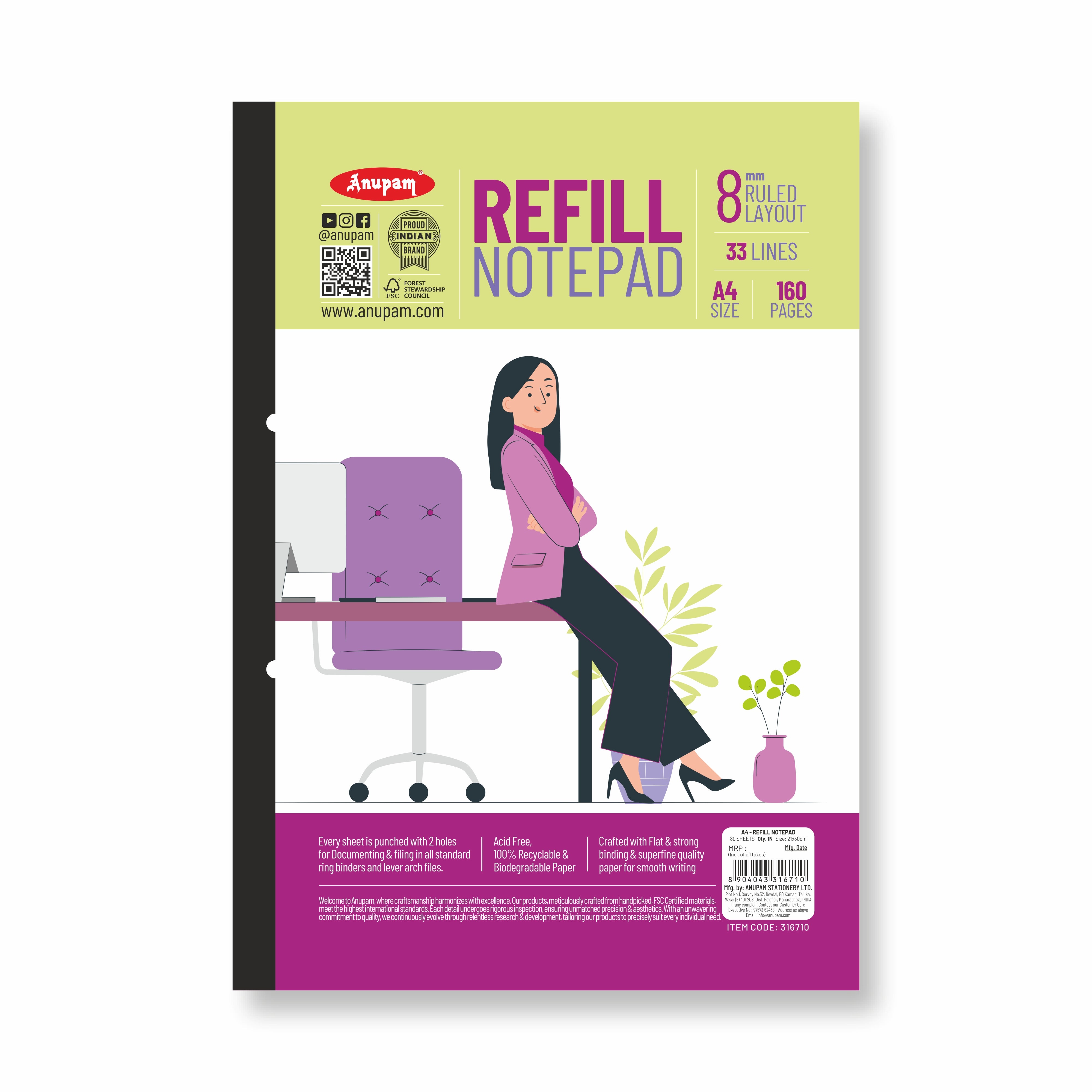 Anupam Refill Writing Notepad A4 Lined Paper-Wide Ruled-80 Sheets-Notepad, One Side Glue Bound-2 Hole Punched Notebook