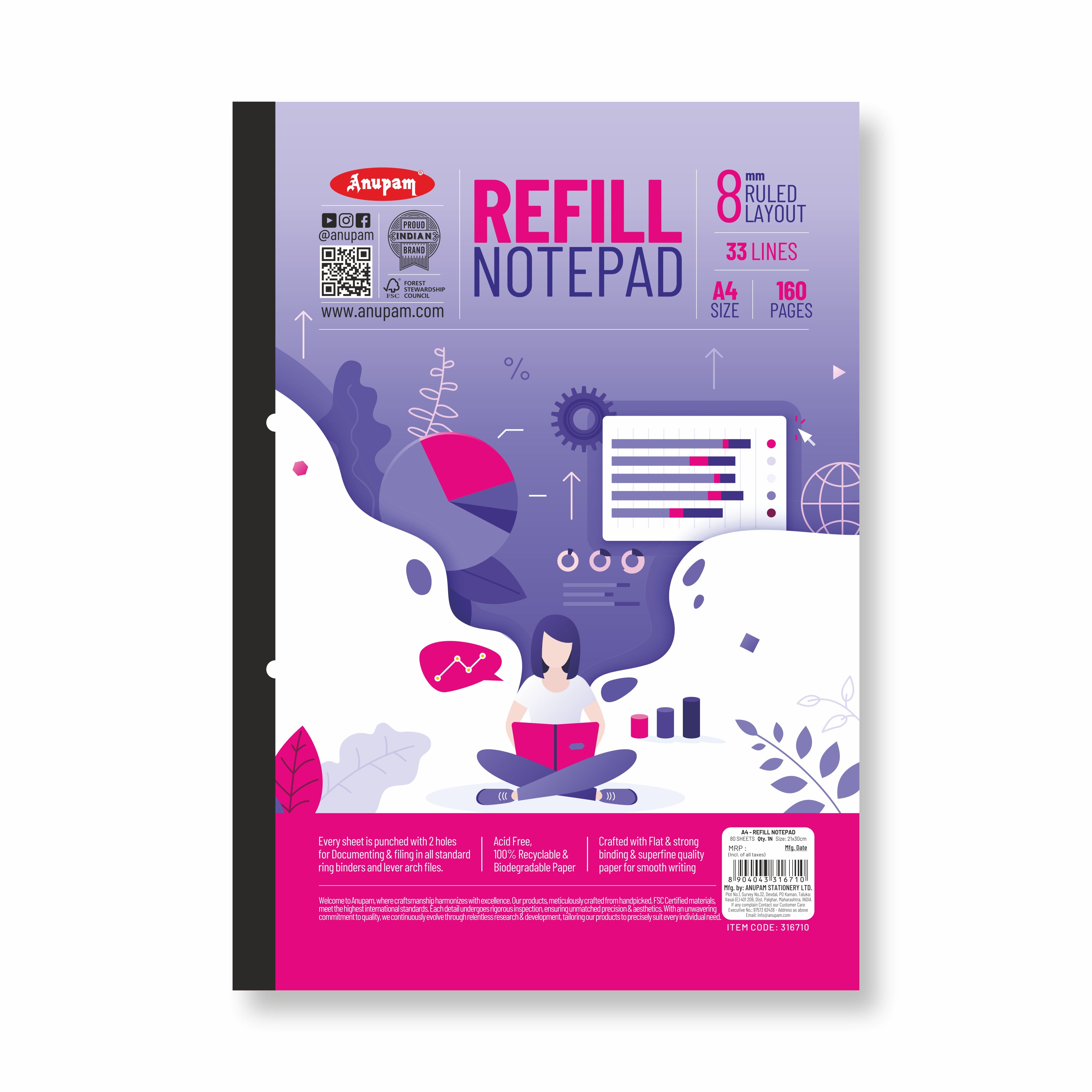 Anupam Refill Writing Notepad A4 Lined Paper-Wide Ruled-80 Sheets-Notepad, One Side Glue Bound-2 Hole Punched Notebook