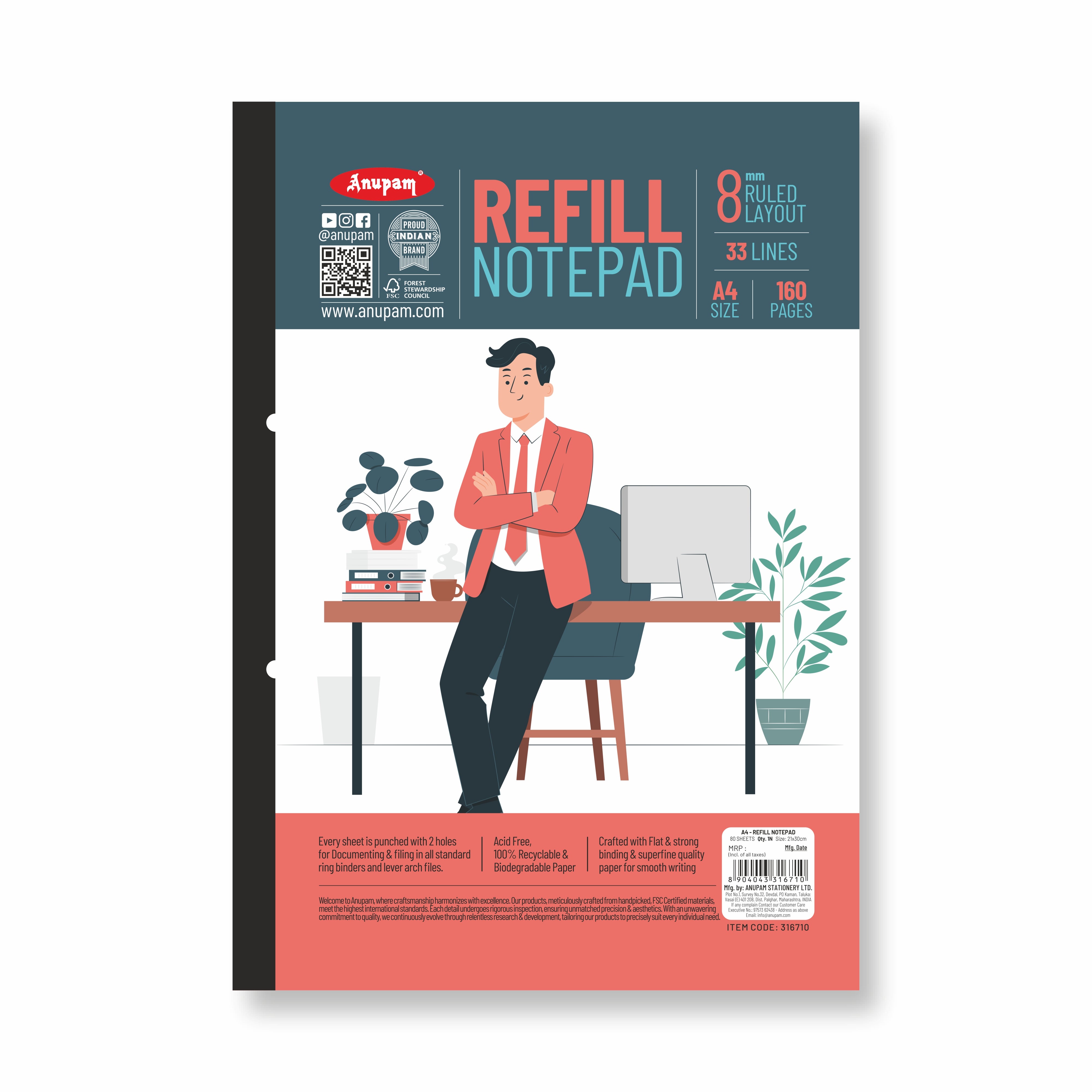 Anupam Refill Writing Notepad A4 Lined Paper-Wide Ruled-80 Sheets-Notepad, One Side Glue Bound-2 Hole Punched Notebook