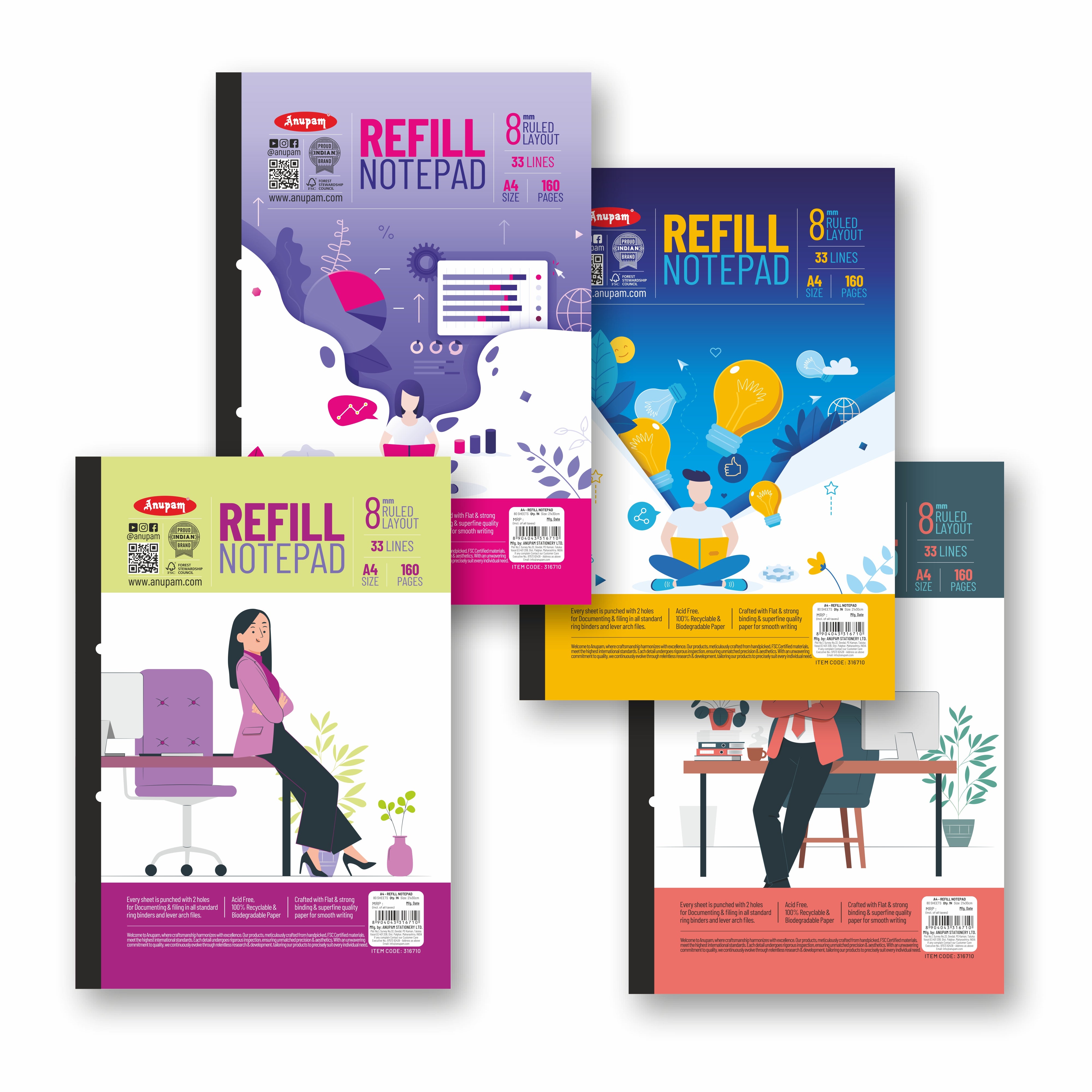 Anupam Refill Writing Notepad A4 Lined Paper-Wide Ruled-80 Sheets-Notepad, One Side Glue Bound-2 Hole Punched Notebook