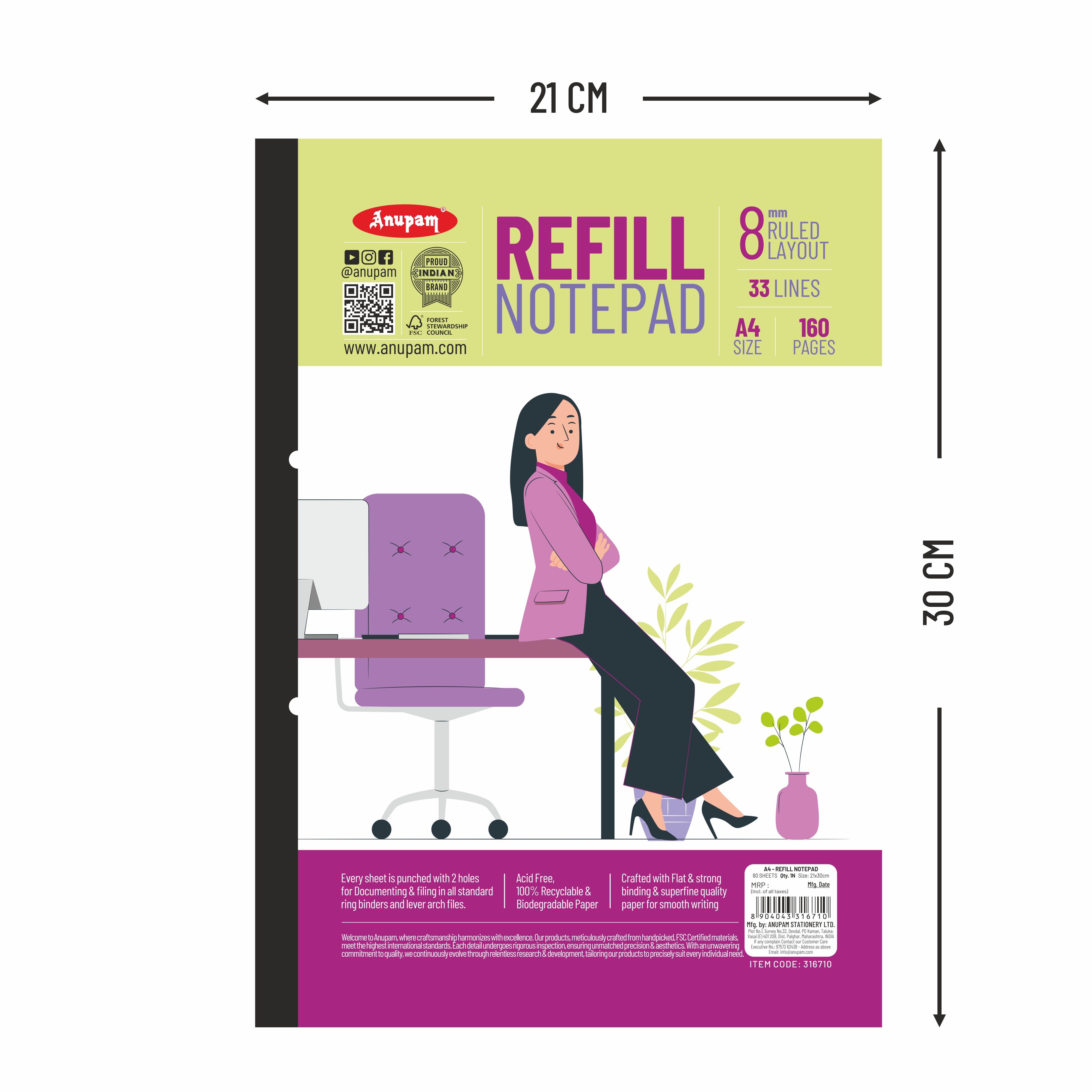 Anupam Refill Writing Notepad A4 Lined Paper-Wide Ruled-80 Sheets-Notepad, One Side Glue Bound-2 Hole Punched Notebook