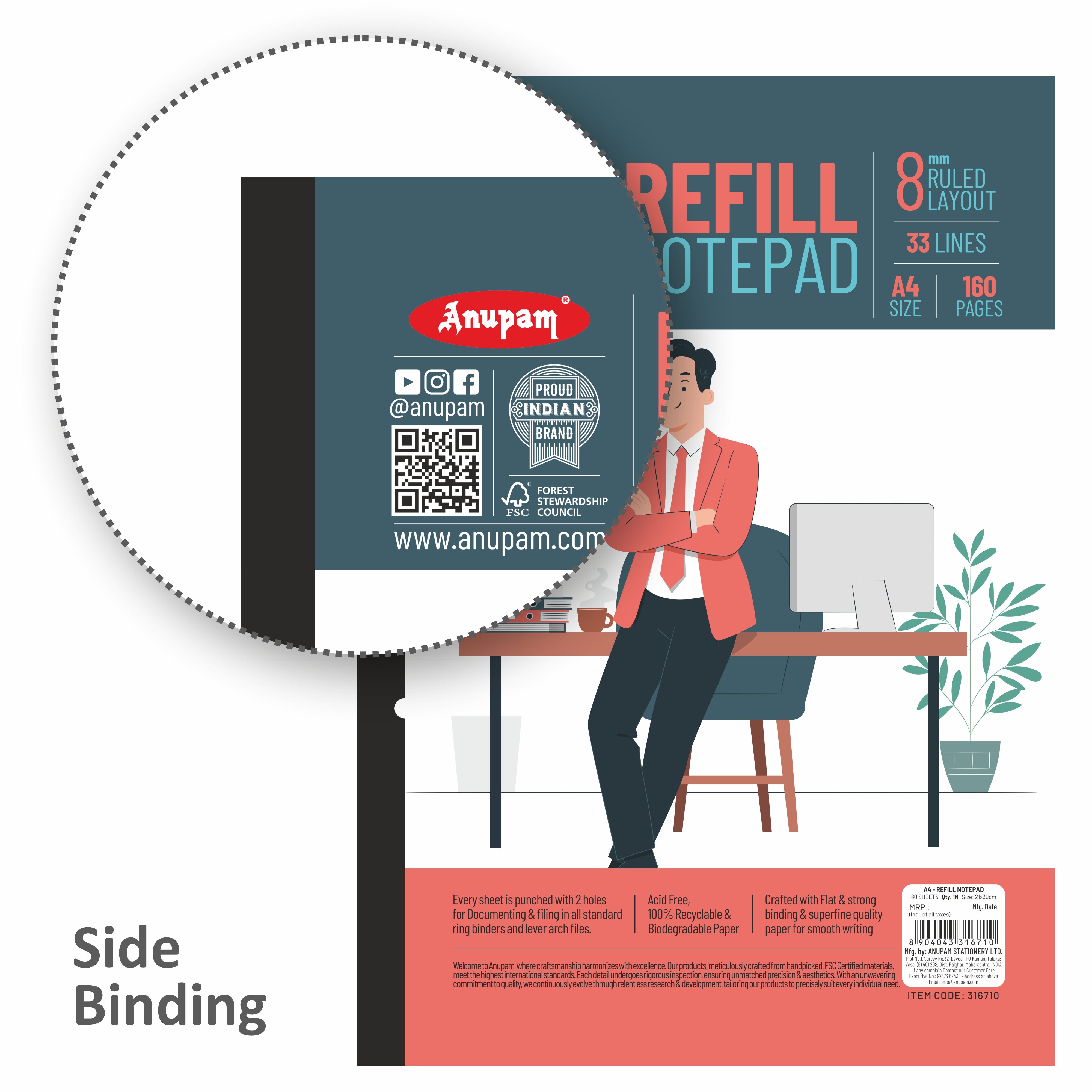 Anupam Refill Writing Notepad A4 Lined Paper-Wide Ruled-80 Sheets-Notepad, One Side Glue Bound-2 Hole Punched Notebook