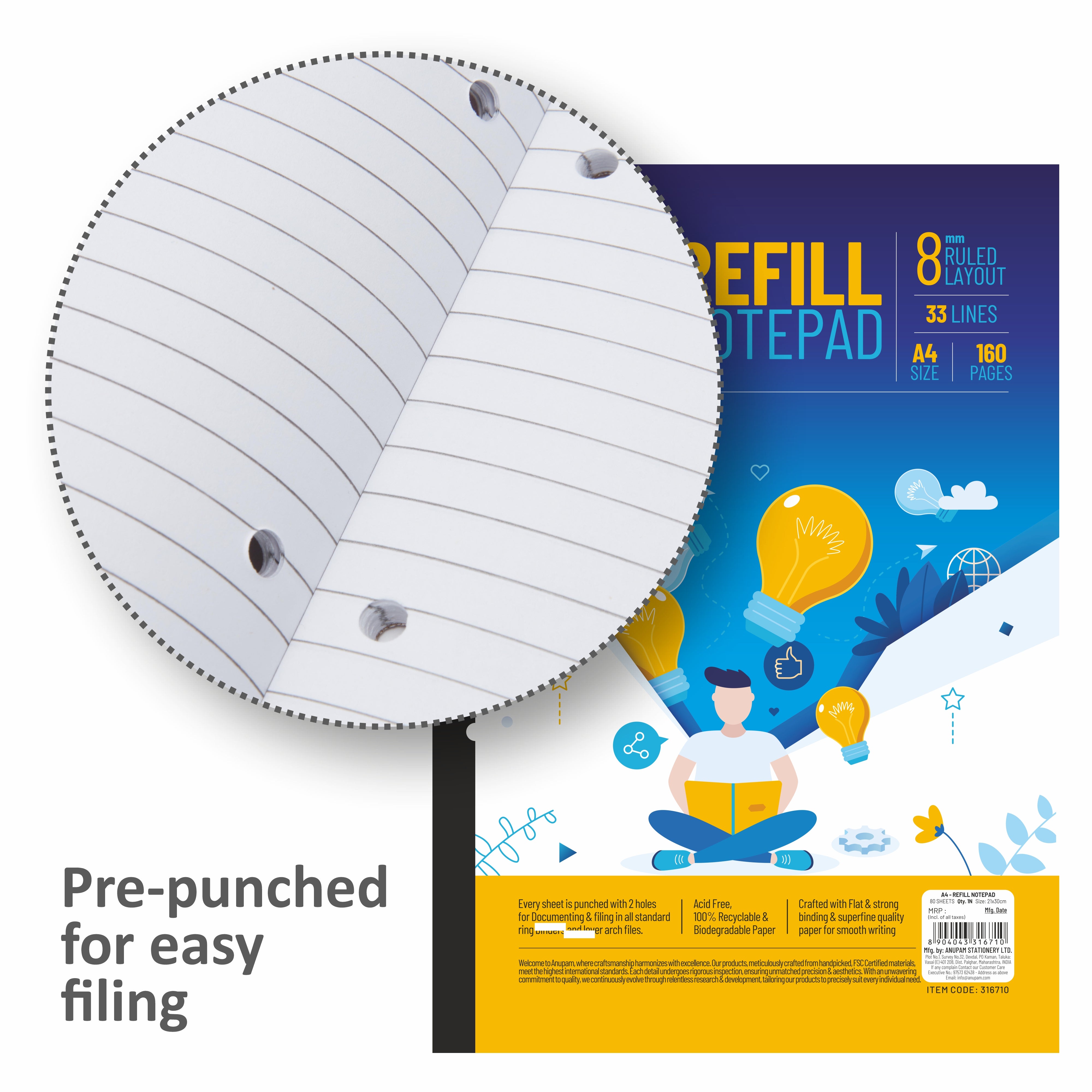 Anupam Refill Writing Notepad A4 Lined Paper-Wide Ruled-80 Sheets-Notepad, One Side Glue Bound-2 Hole Punched Notebook