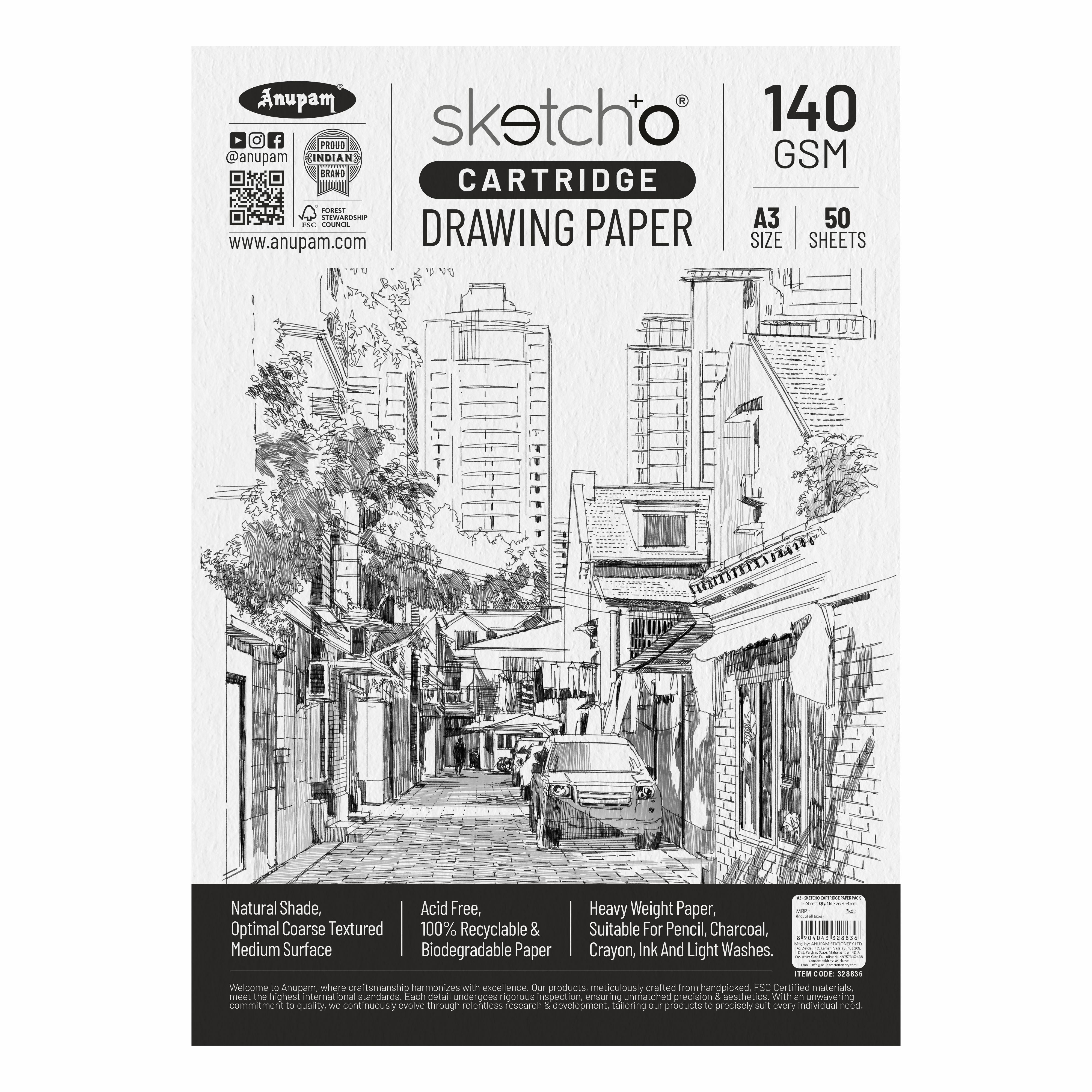 Anupam Sketch-O Cartridge Drawing Paper for sketching and drawing Loose sheets 140 GSM