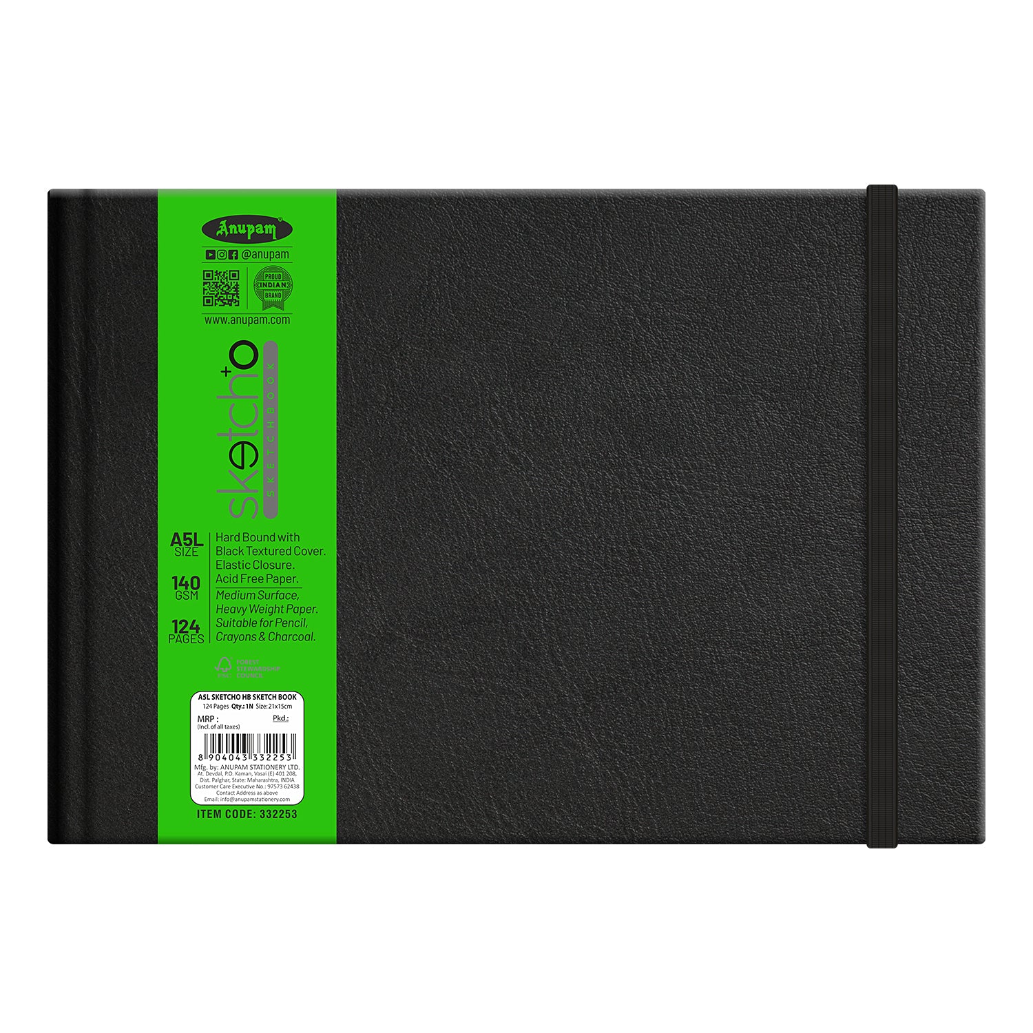 Anupam Sketch-O Hardbound Sketchbook -Acid Free-140 GSM-124 pages-Natural Shade Paper with Elastic Closure