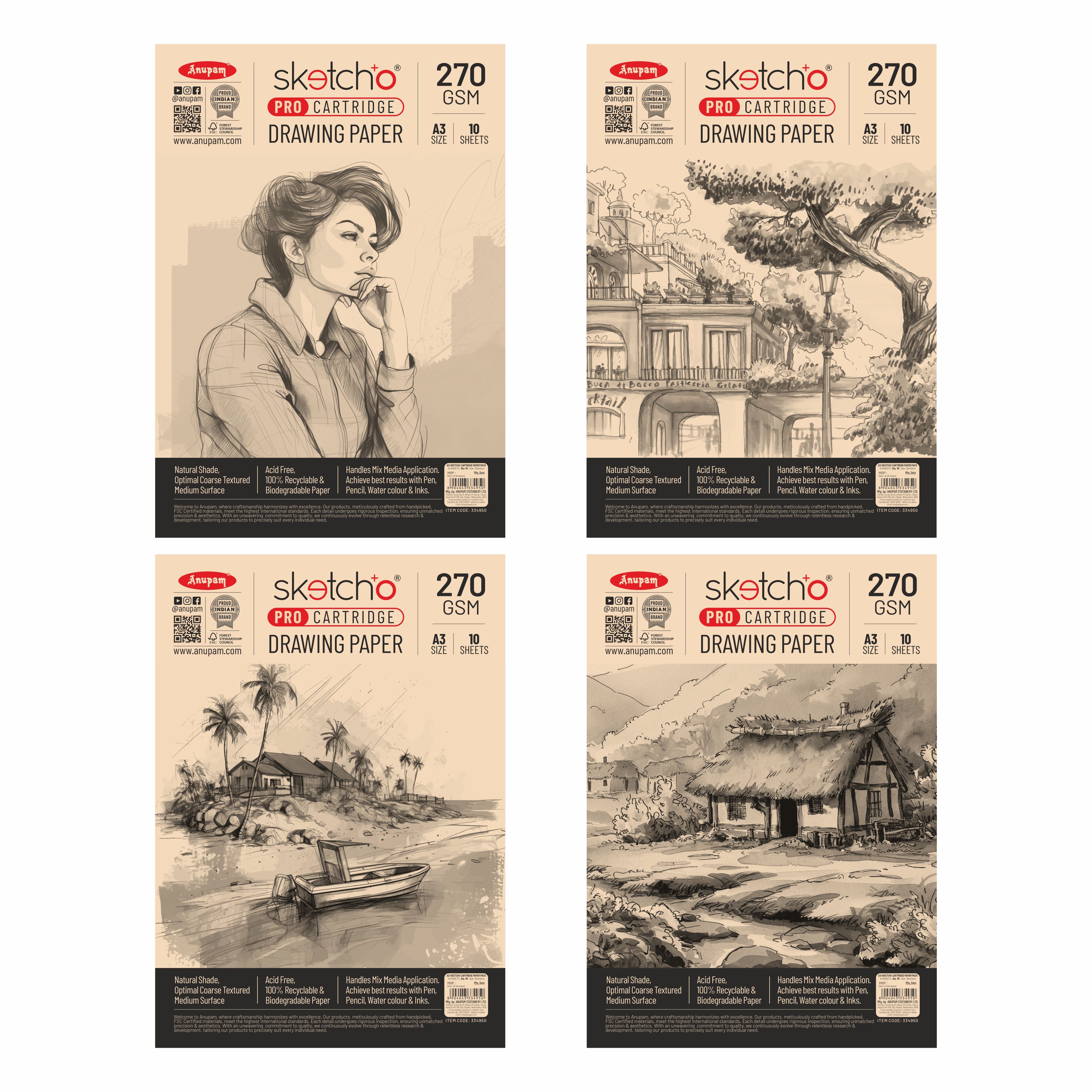 Anupam Sketch-O Pro Cartridge Drawing Paper Loose Sheets – 270 GSM