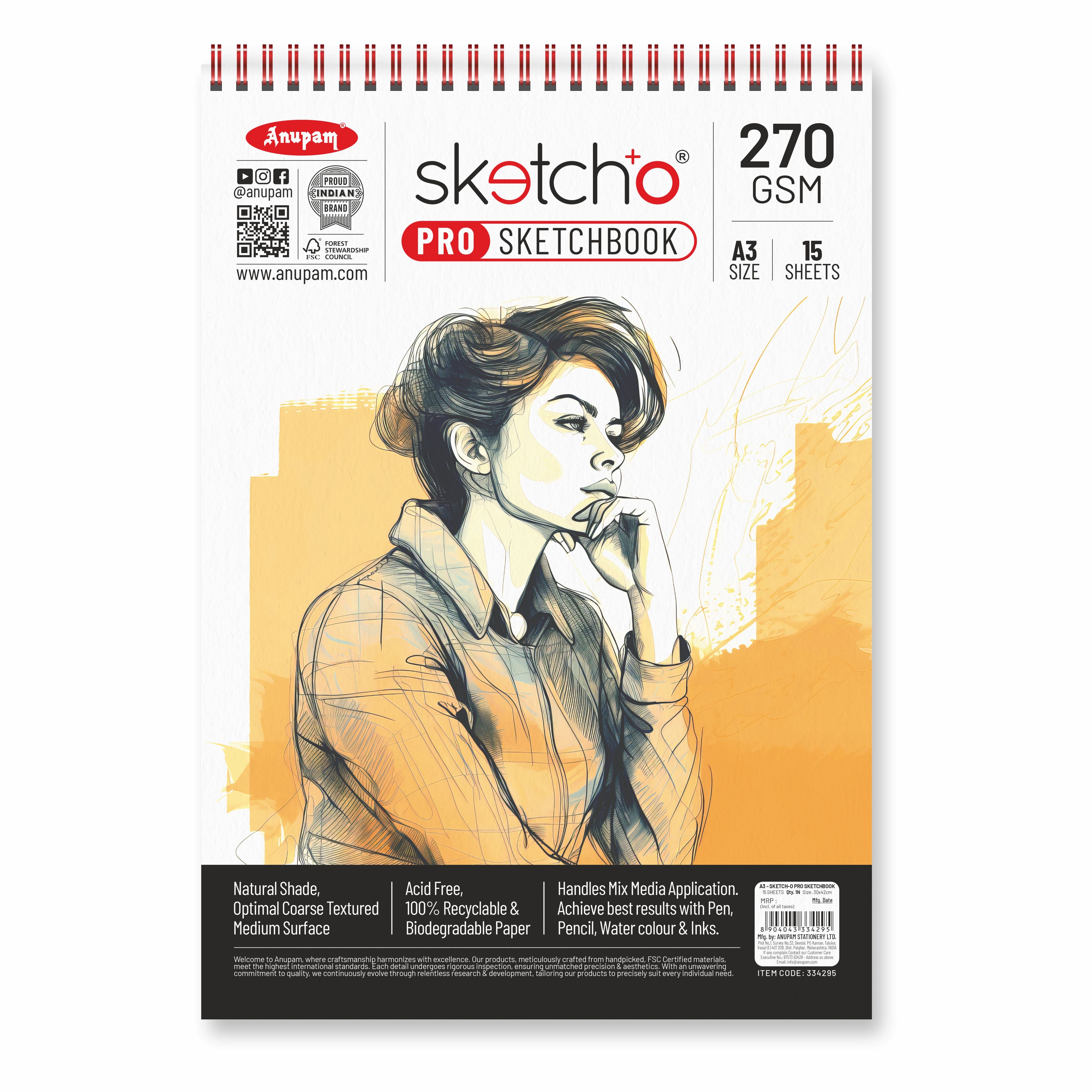 Anupam Sketch-O Pro Spiral Bound Sketchbook – 270 GSM Acid-Free Natural Shade Paper with Coarse Textured Surface - 15 Sheets