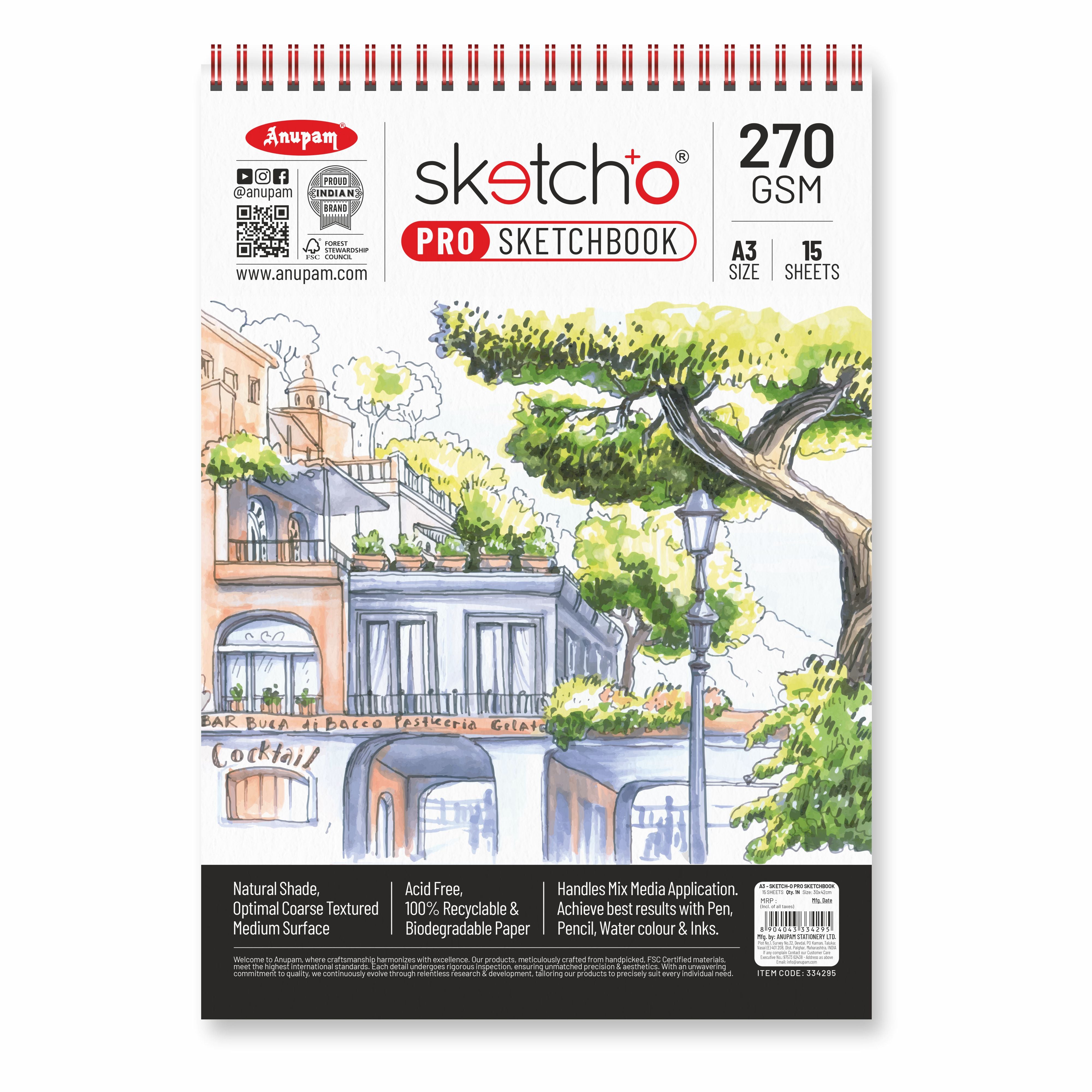 Anupam Sketch-O Pro Spiral Bound Sketchbook – 270 GSM Acid-Free Natural Shade Paper with Coarse Textured Surface - 15 Sheets