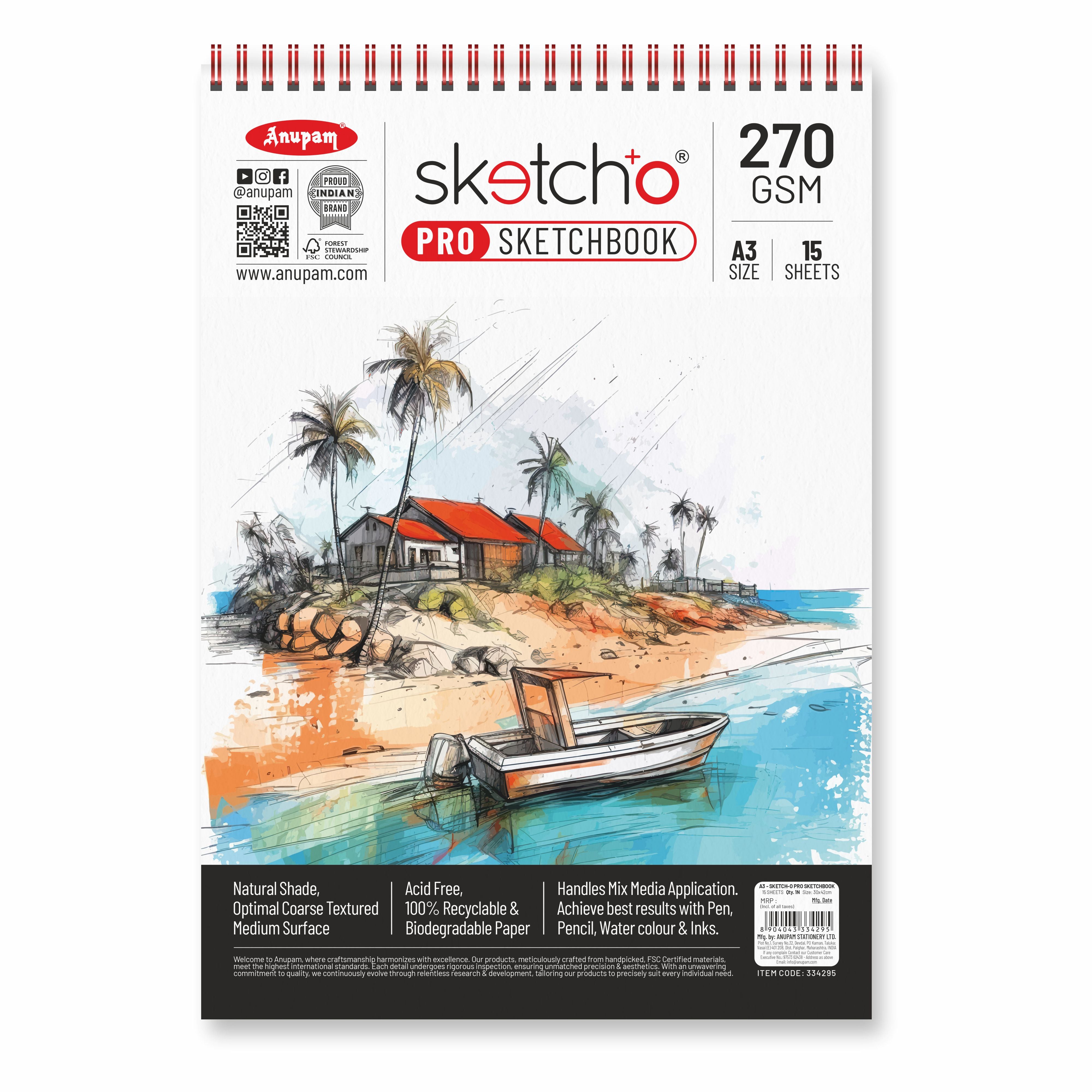 Anupam Sketch-O Pro Spiral Bound Sketchbook – 270 GSM Acid-Free Natural Shade Paper with Coarse Textured Surface - 15 Sheets