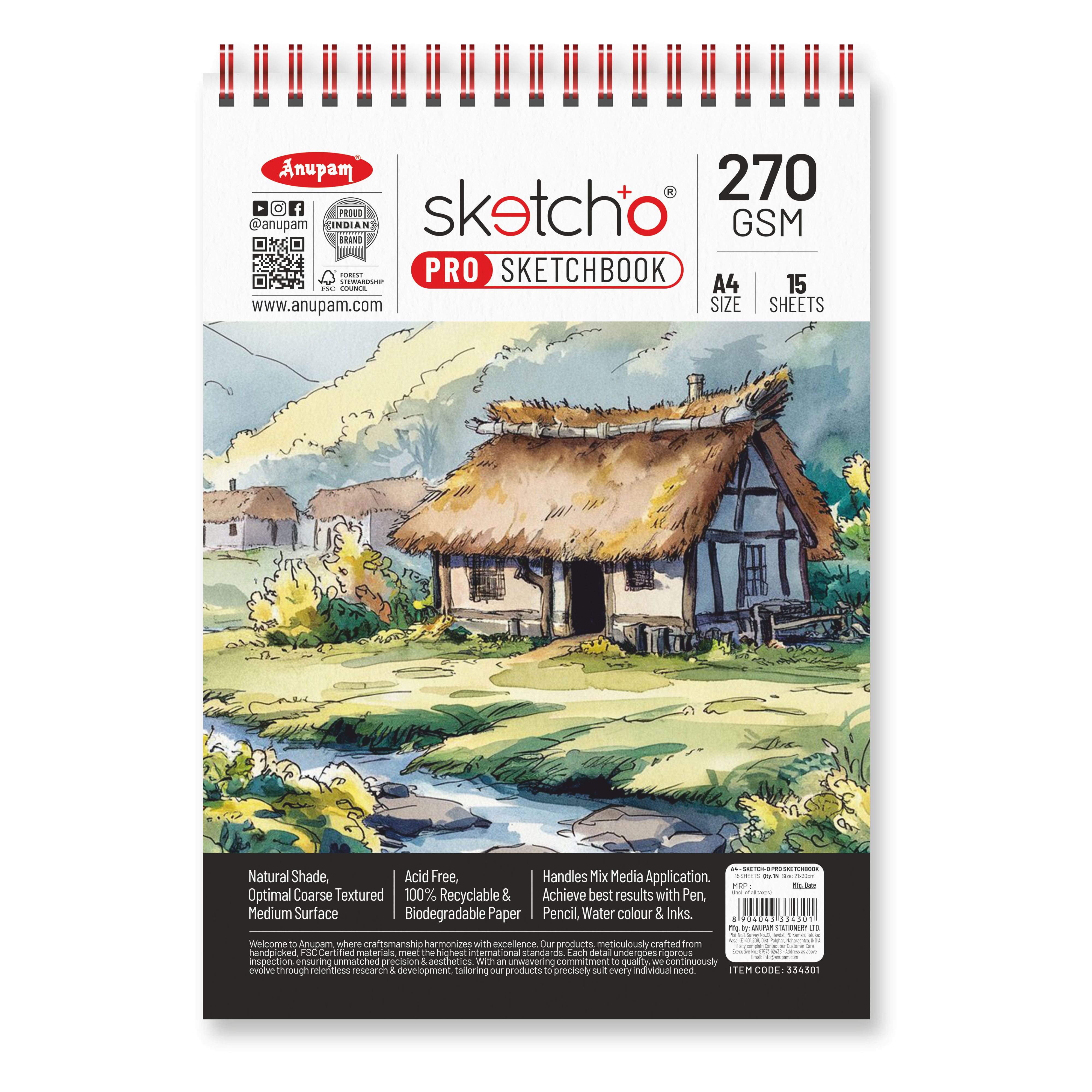Anupam Sketch-O Pro Spiral Bound Sketchbook – 270 GSM Acid-Free Natural Shade Paper with Coarse Textured Surface - 15 Sheets