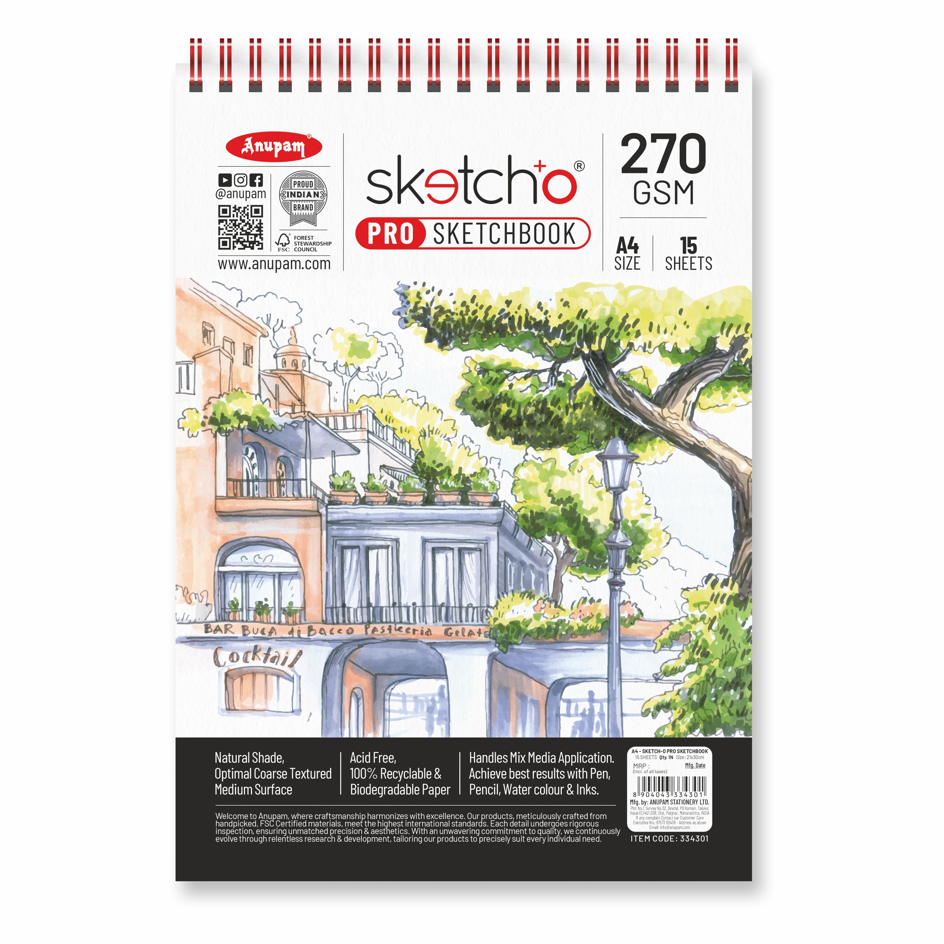 Anupam Sketch-O Pro Spiral Bound Sketchbook – 270 GSM Acid-Free Natural Shade Paper with Coarse Textured Surface - 15 Sheets