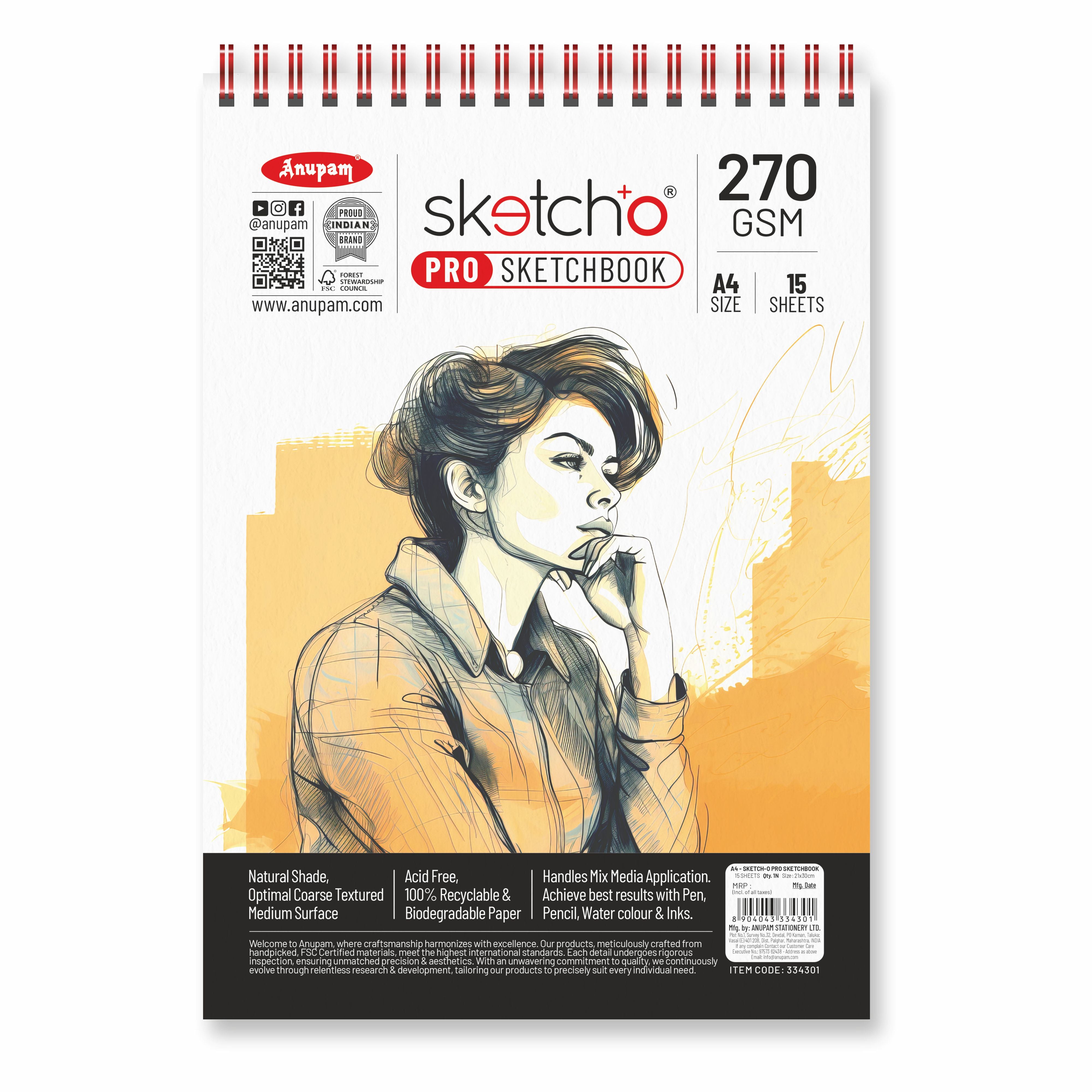 Anupam Sketch-O Pro Spiral Bound Sketchbook – 270 GSM Acid-Free Natural Shade Paper with Coarse Textured Surface - 15 Sheets