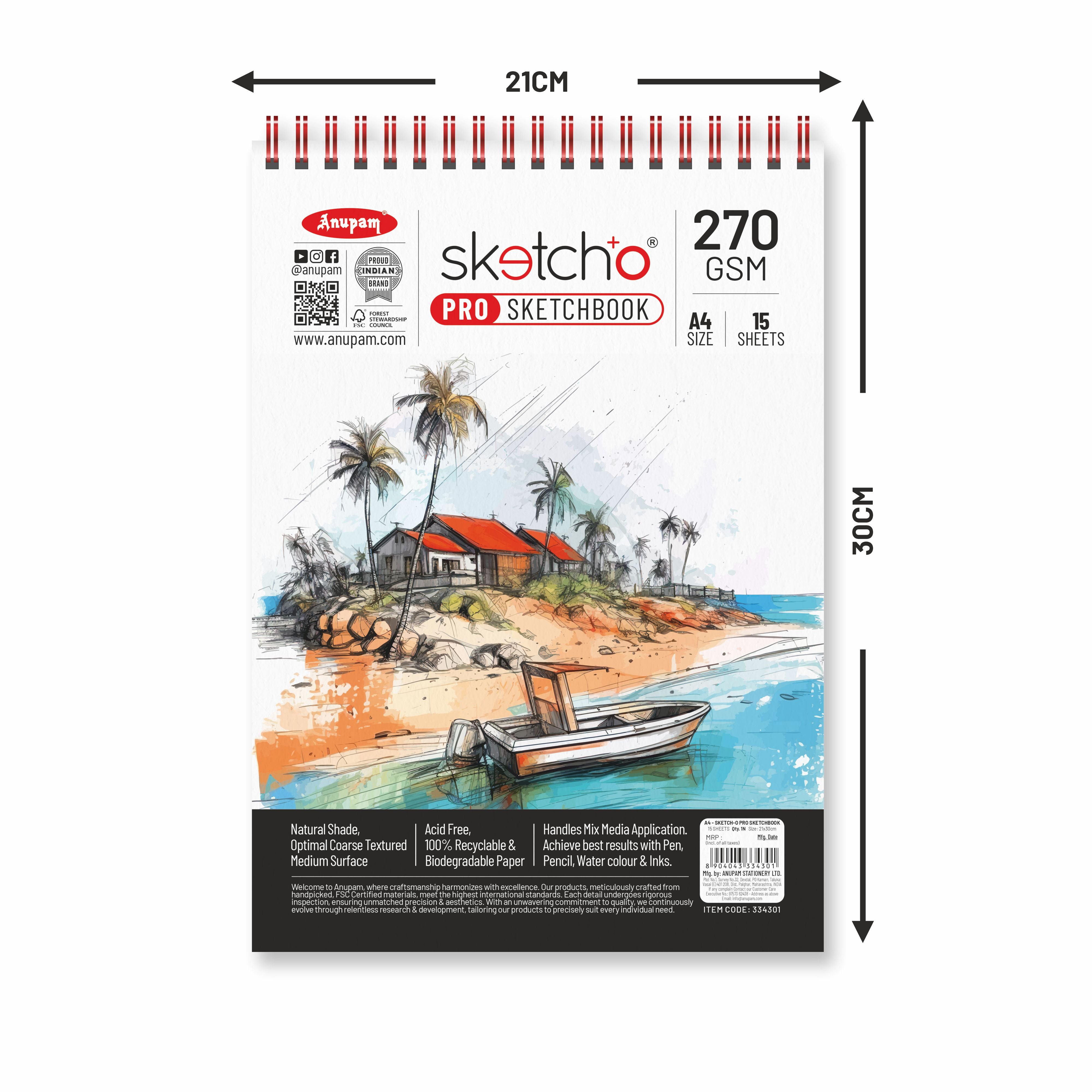 Anupam Sketch-O Pro Spiral Bound Sketchbook – 270 GSM Acid-Free Natural Shade Paper with Coarse Textured Surface - 15 Sheets