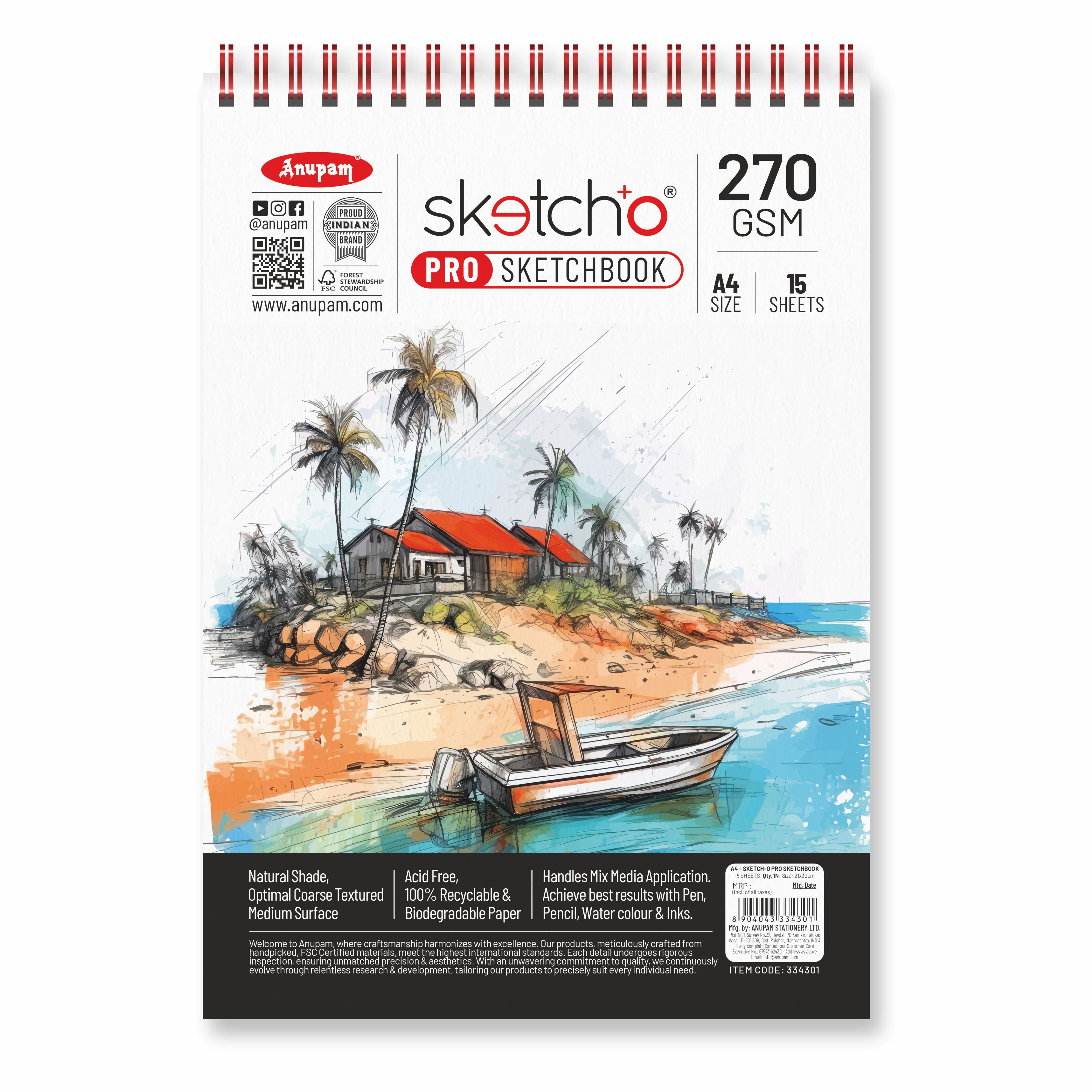 Anupam Sketch-O Pro Spiral Bound Sketchbook – 270 GSM Acid-Free Natural Shade Paper with Coarse Textured Surface - 15 Sheets