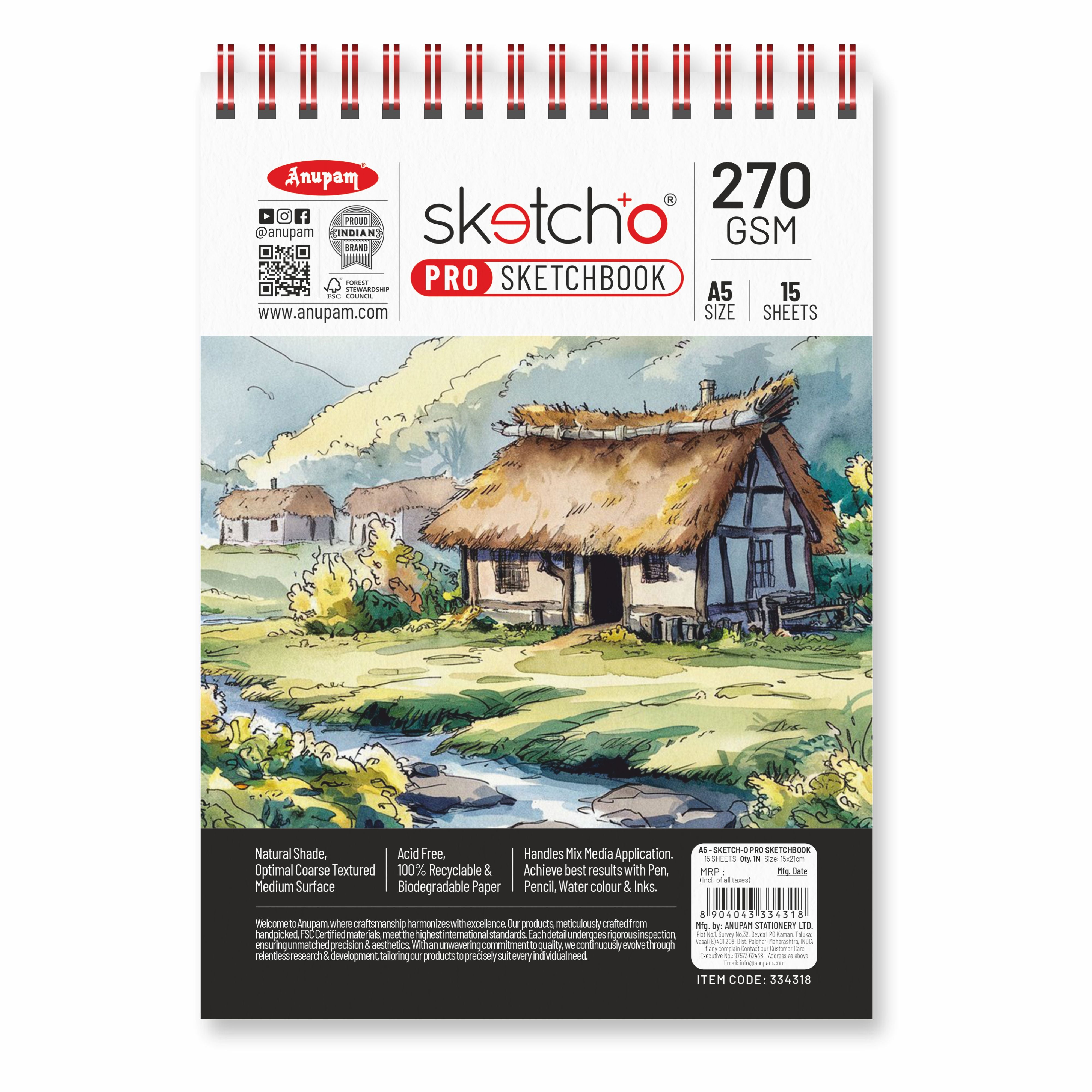Anupam Sketch-O Pro Spiral Bound Sketchbook – 270 GSM Acid-Free Natural Shade Paper with Coarse Textured Surface - 15 Sheets