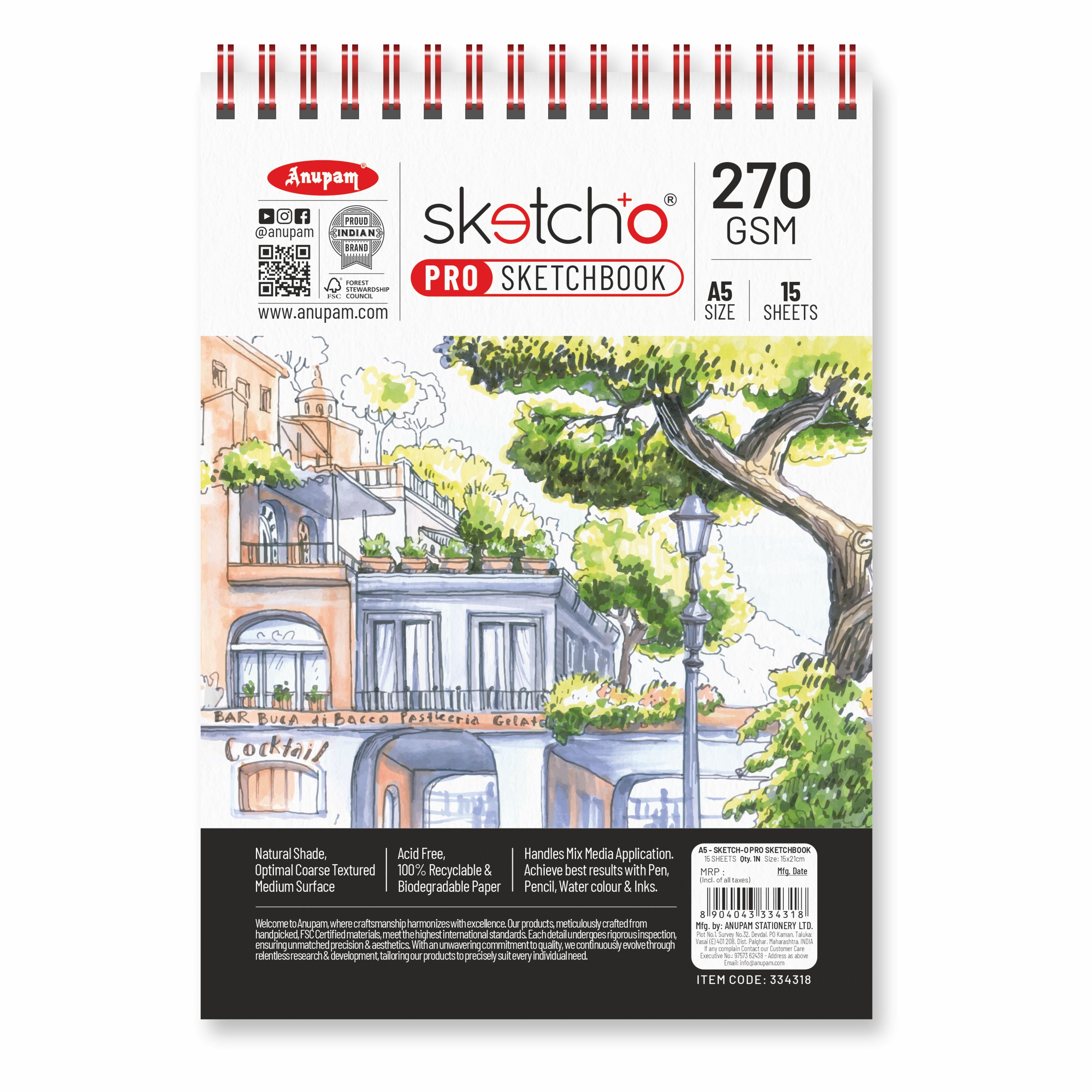 Anupam Sketch-O Pro Spiral Bound Sketchbook – 270 GSM Acid-Free Natural Shade Paper with Coarse Textured Surface - 15 Sheets