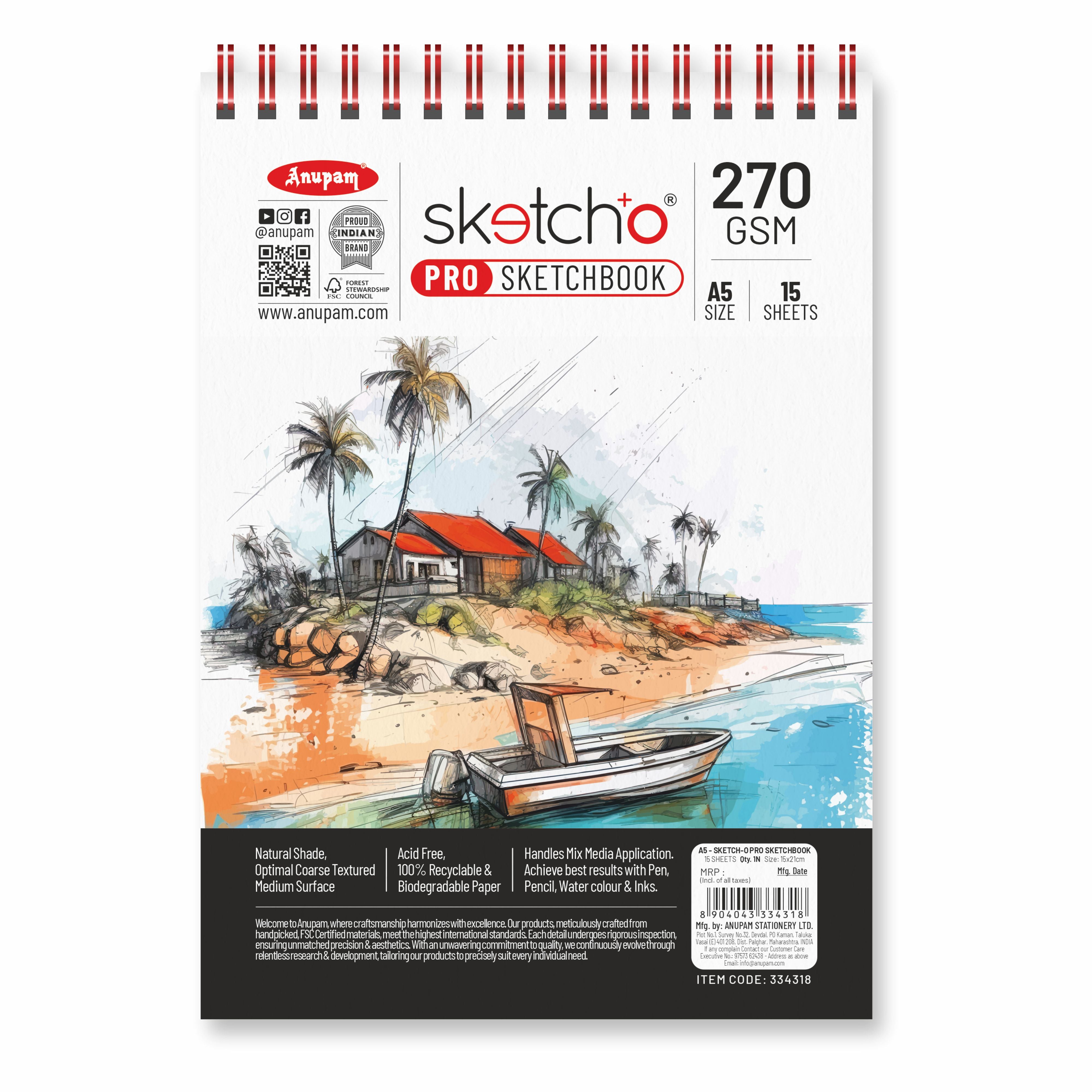Anupam Sketch-O Pro Spiral Bound Sketchbook – 270 GSM Acid-Free Natural Shade Paper with Coarse Textured Surface - 15 Sheets