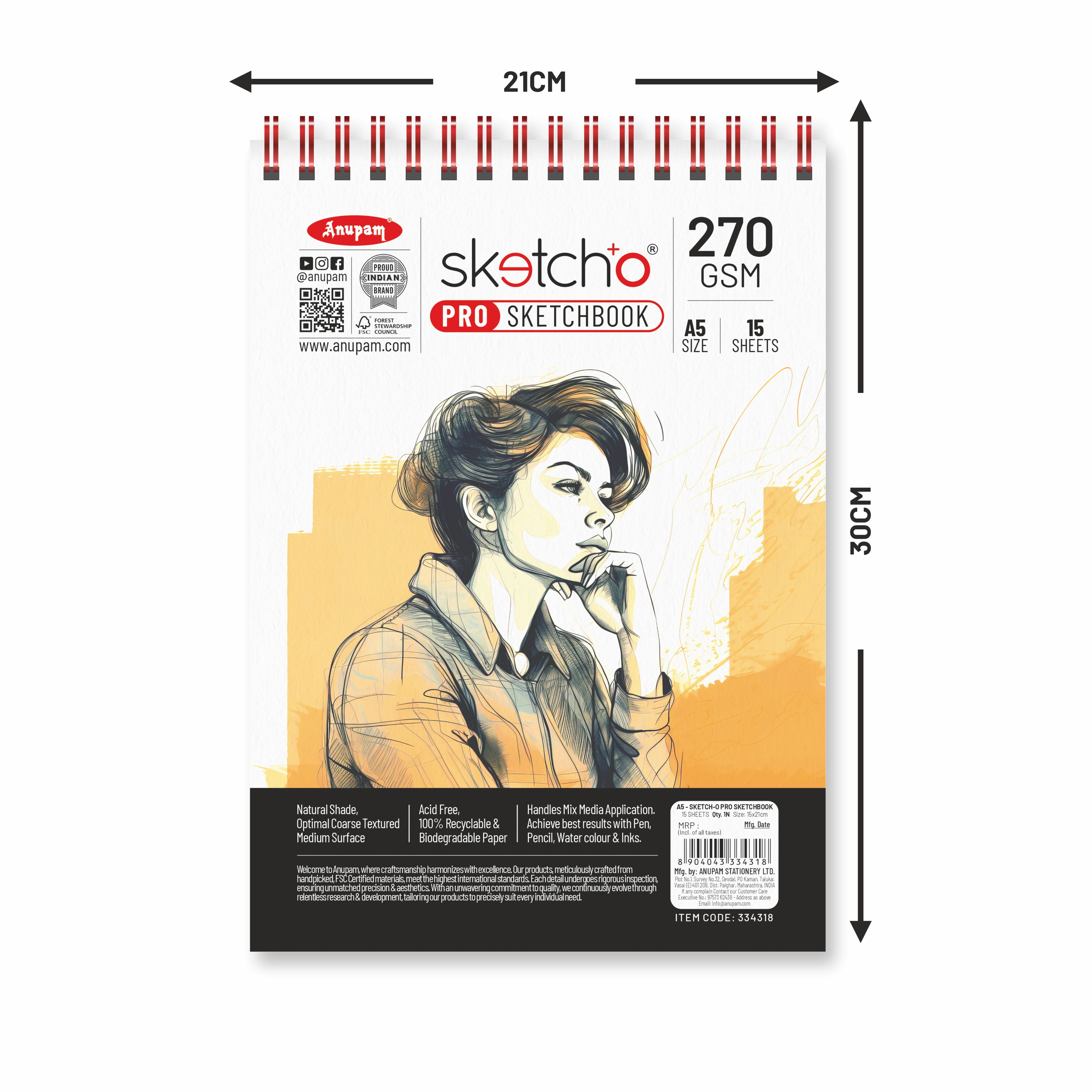 Anupam Sketch-O Pro Spiral Bound Sketchbook – 270 GSM Acid-Free Natural Shade Paper with Coarse Textured Surface - 15 Sheets
