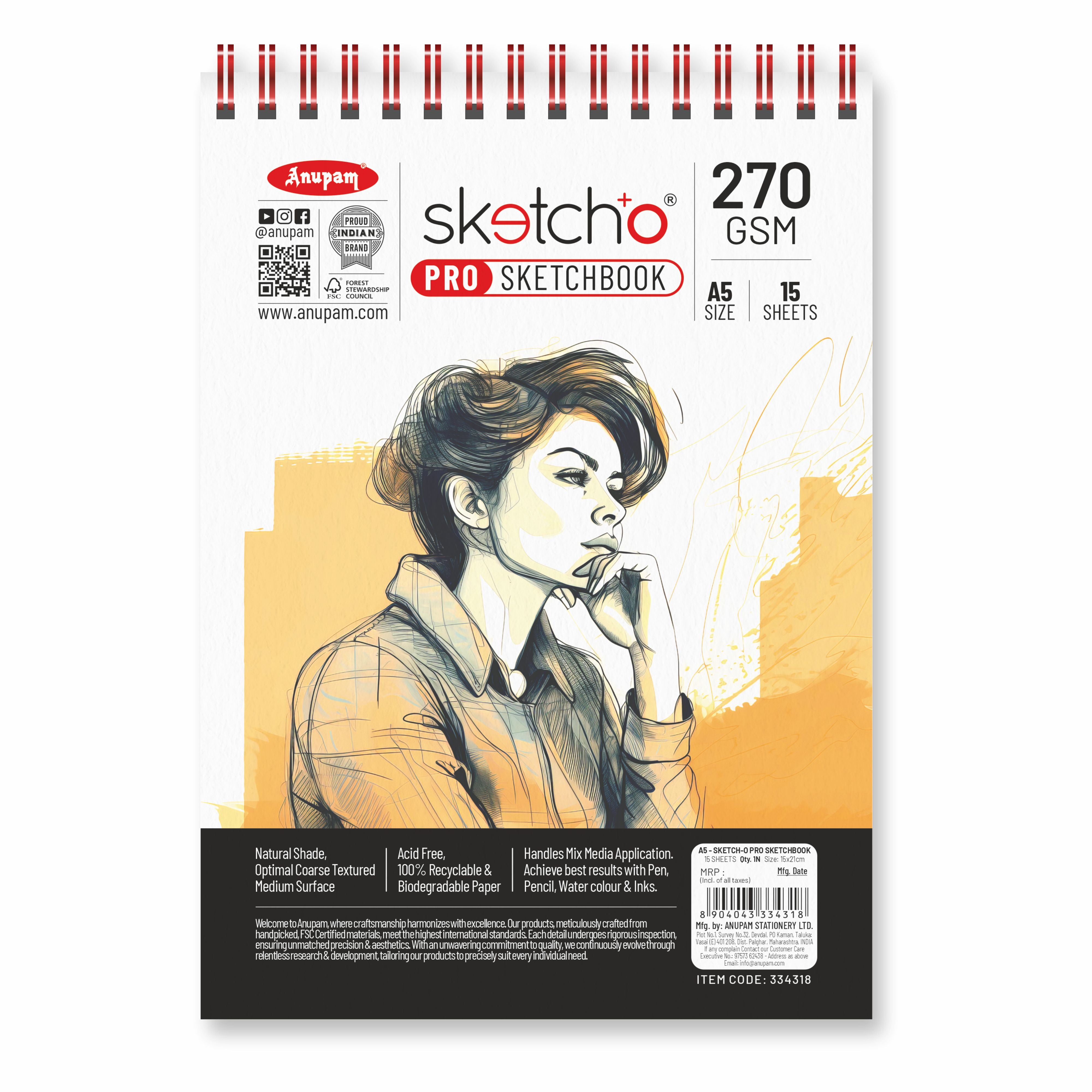 Anupam Sketch-O Pro Spiral Bound Sketchbook – 270 GSM Acid-Free Natural Shade Paper with Coarse Textured Surface - 15 Sheets