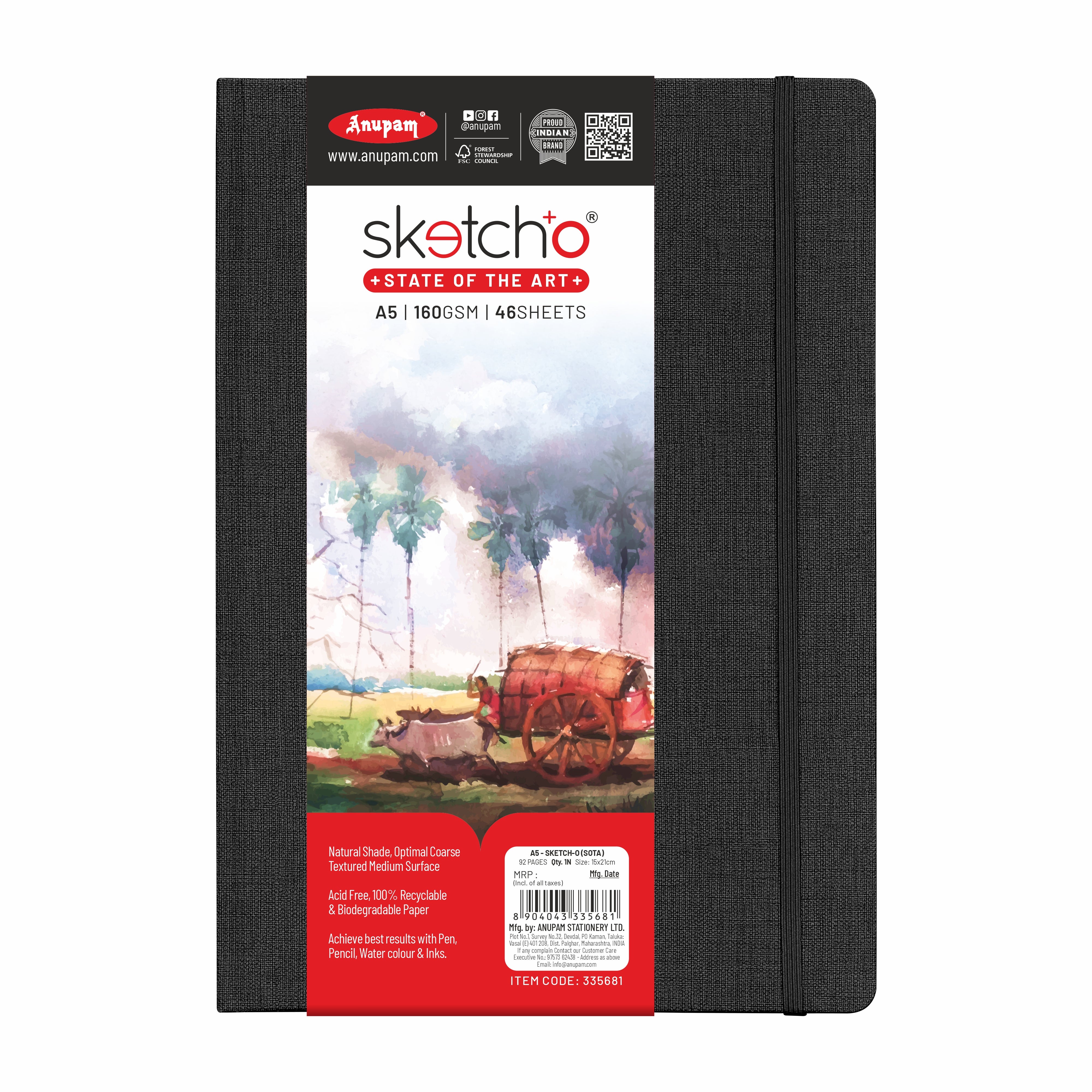 Anupam Sketcho Sota Drawing Book 100% Recycled Hardbound Cove Book - 160 GSM Acid Free 46 Sheets / 92 Pages