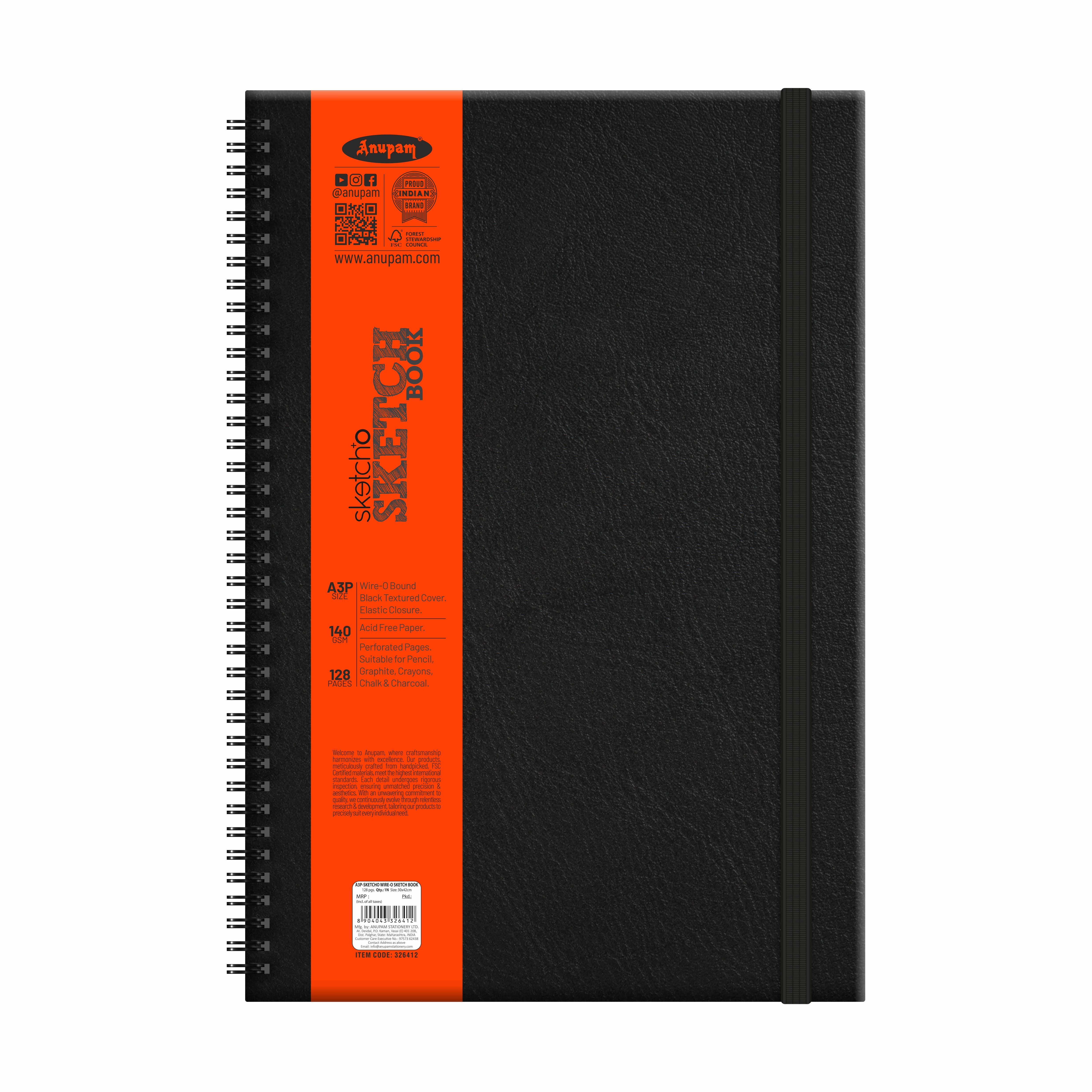 Anupam Sketch-O Sketchbook-Hard Bound-Cartridge Paper-Wire-O Book-140 GSM -128 Pages