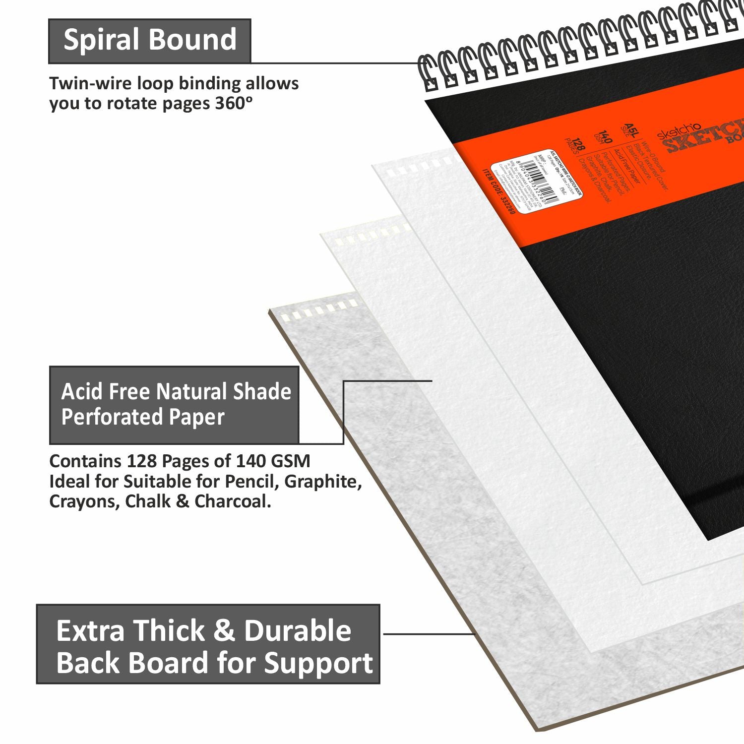 Anupam Sketch-O Sketchbook-Hard Bound-Cartridge Paper-Wire-O Book-140 GSM -128 Pages