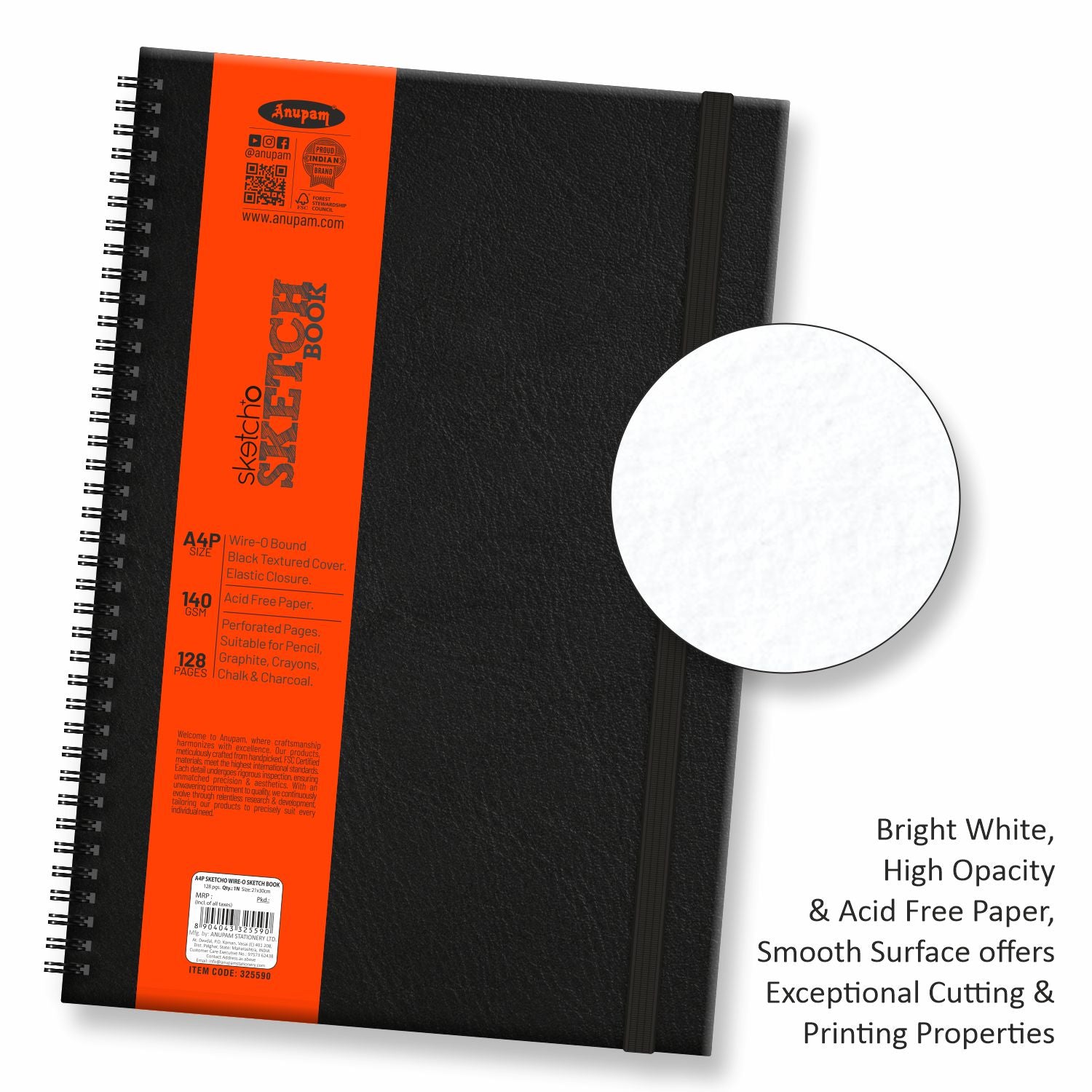 Anupam Sketch-O Sketchbook-Hard Bound-Cartridge Paper-Wire-O Book-140 GSM -128 Pages