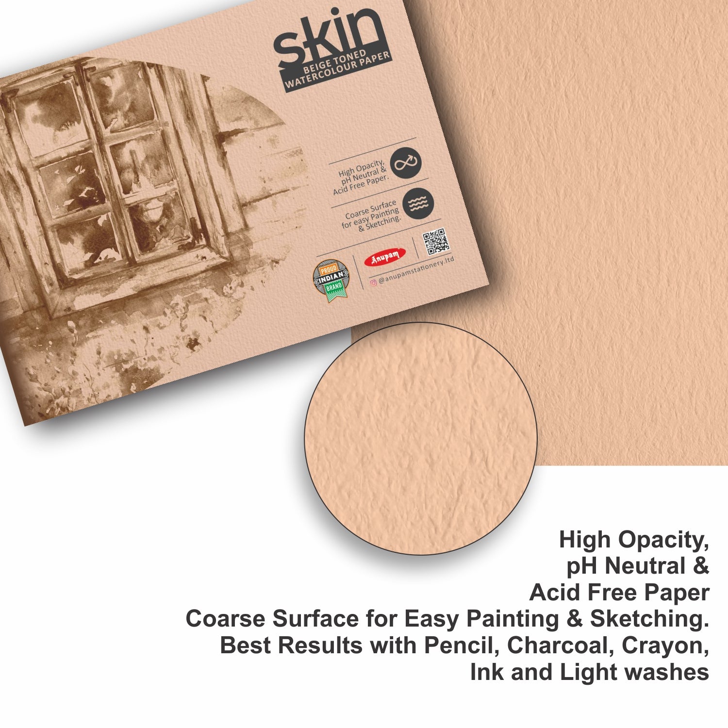 Anupam Skin Toned (Beige) Watercolour Paper-Cold Pressed -Glued Pad - 225GSM - 15Sheets