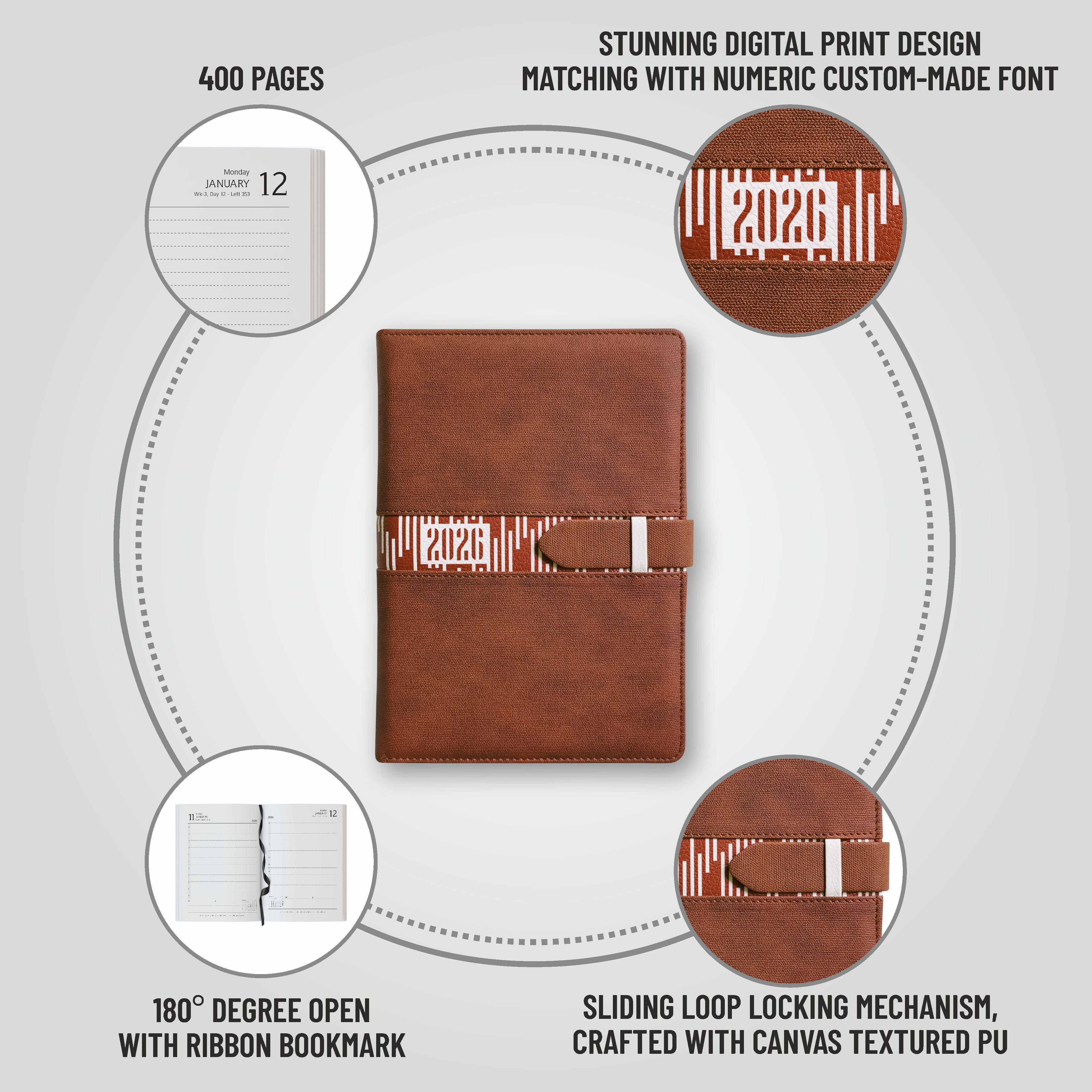 Anupam Slide Diary 2026 with Dated Daily Planner, 80 GSM Full Page Per Day with Monthly Calendar, New Year Diary 2026, 365 Days Lines Textured PU Cover, Pen Holder and Loop Closure