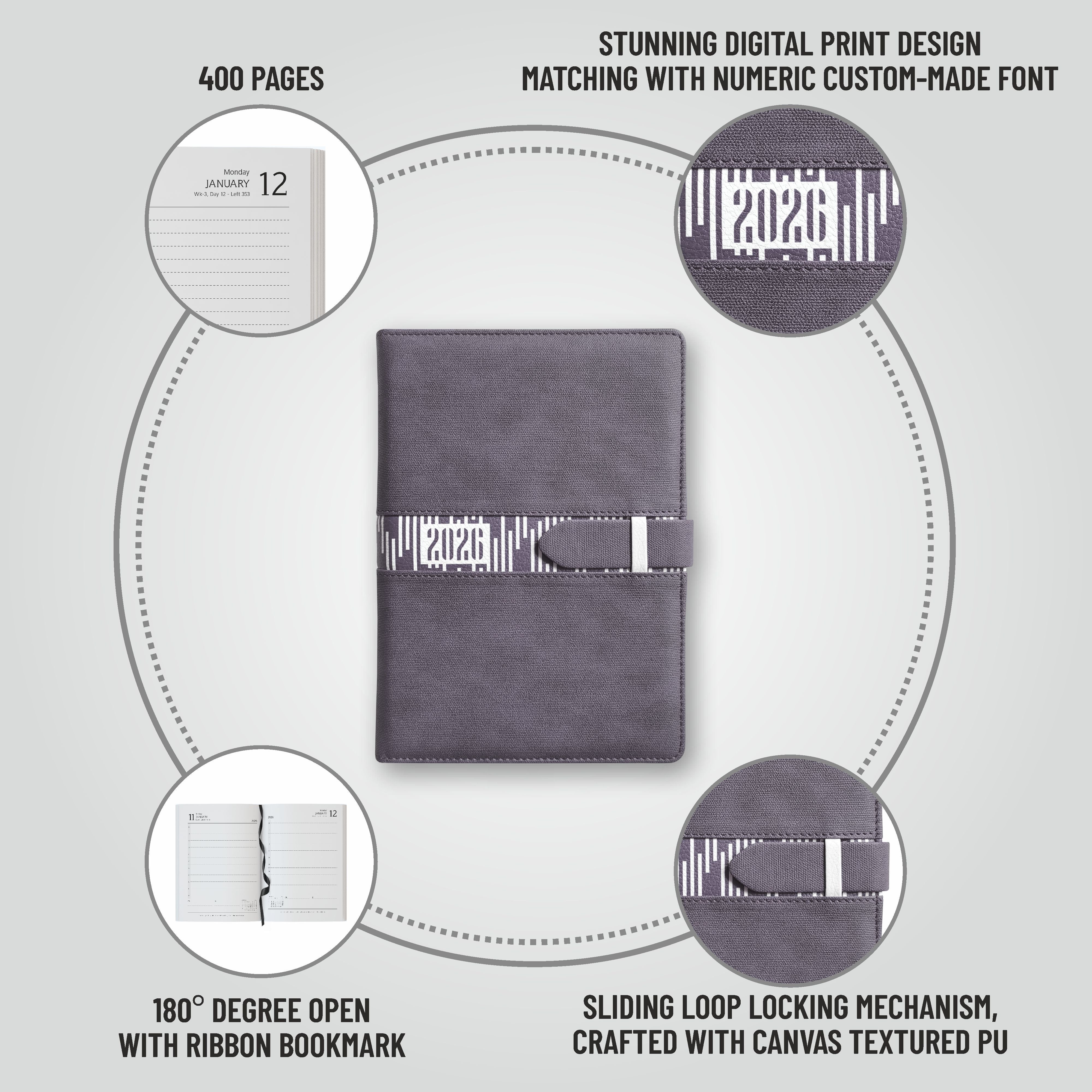 Anupam Slide Diary 2026 with Dated Daily Planner, 80 GSM Full Page Per Day with Monthly Calendar, New Year Diary 2026, 365 Days Lines Textured PU Cover, Pen Holder and Loop Closure