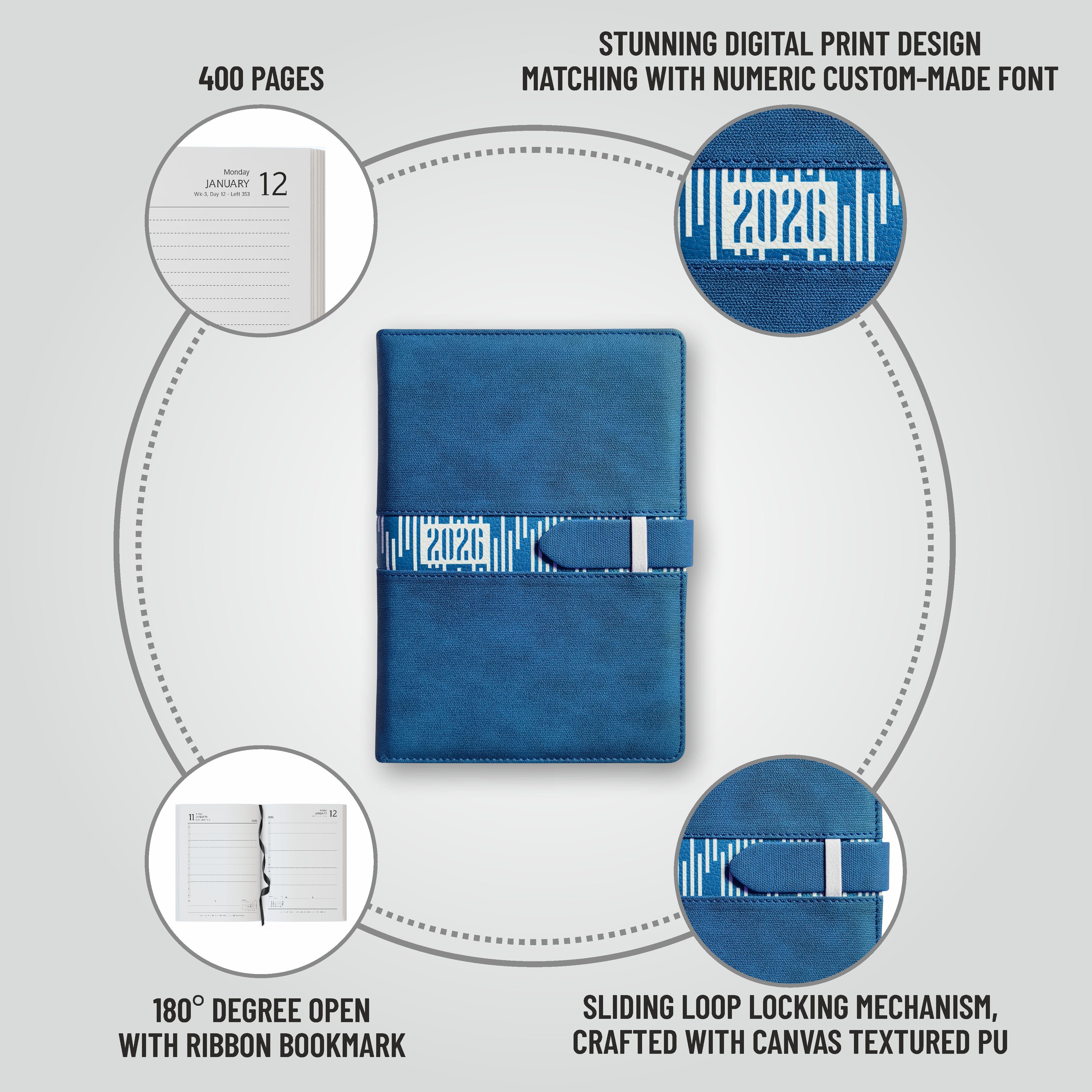 Anupam Slide Diary 2026 with Dated Daily Planner, 80 GSM Full Page Per Day with Monthly Calendar, New Year Diary 2026, 365 Days Lines Textured PU Cover, Pen Holder and Loop Closure