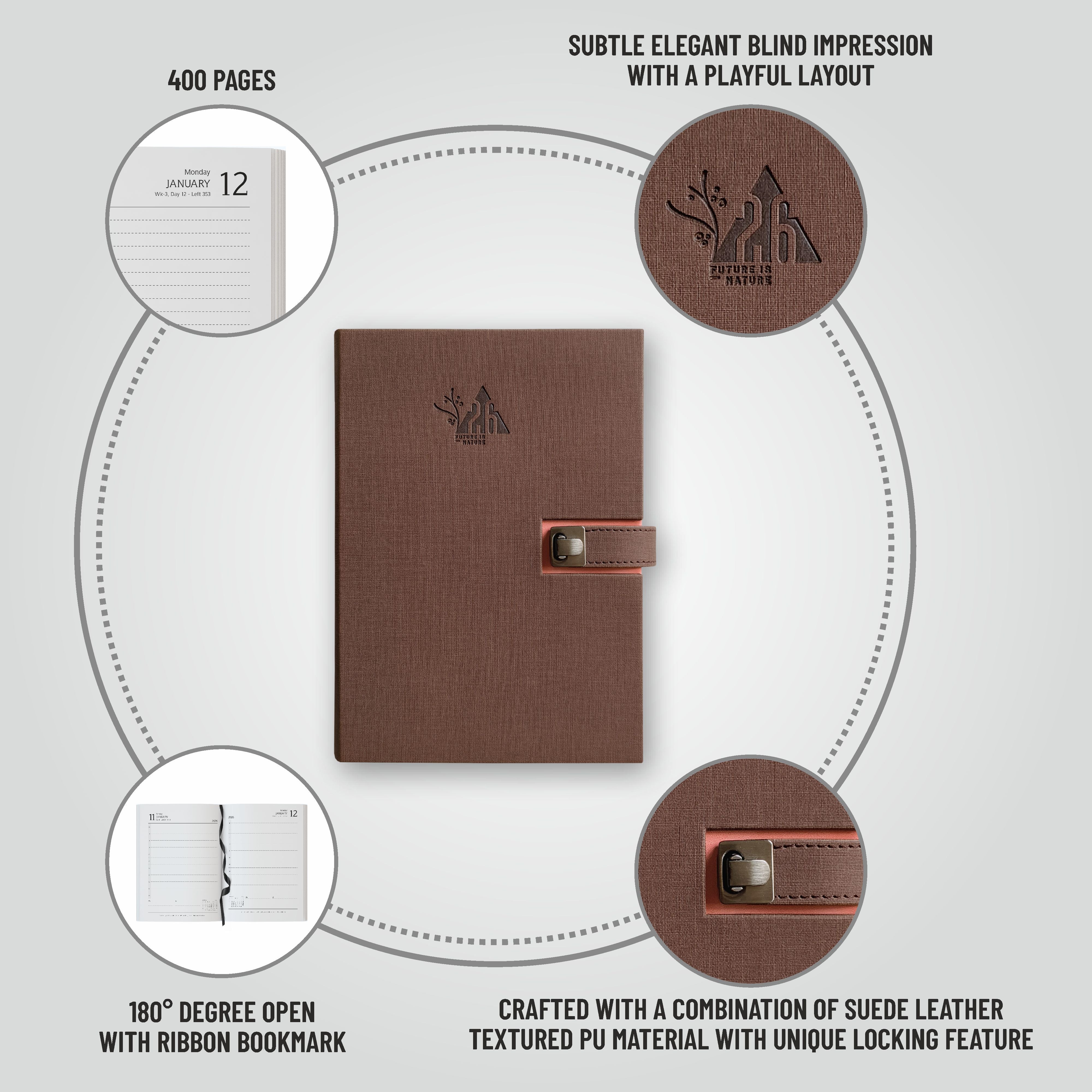 Anupam Spark 2026 New Year Diary – Daily Planner with Dates, Magnetic Closure, Monthly Calendar, PU Cover with Pen Holder – 80 GSM, 365 Pages