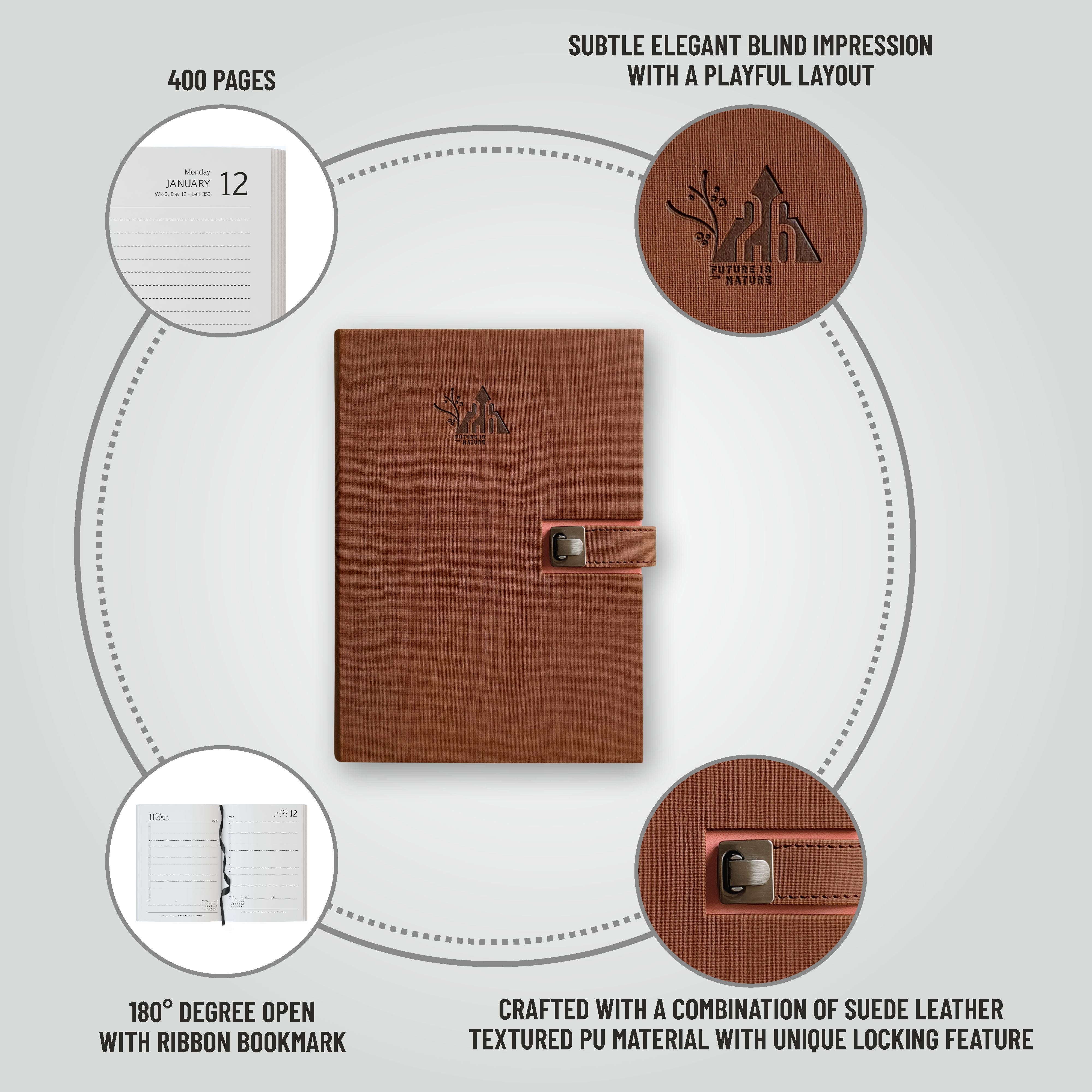 Anupam Spark 2026 New Year Diary – Daily Planner with Dates, Magnetic Closure, Monthly Calendar, PU Cover with Pen Holder – 80 GSM, 365 Pages