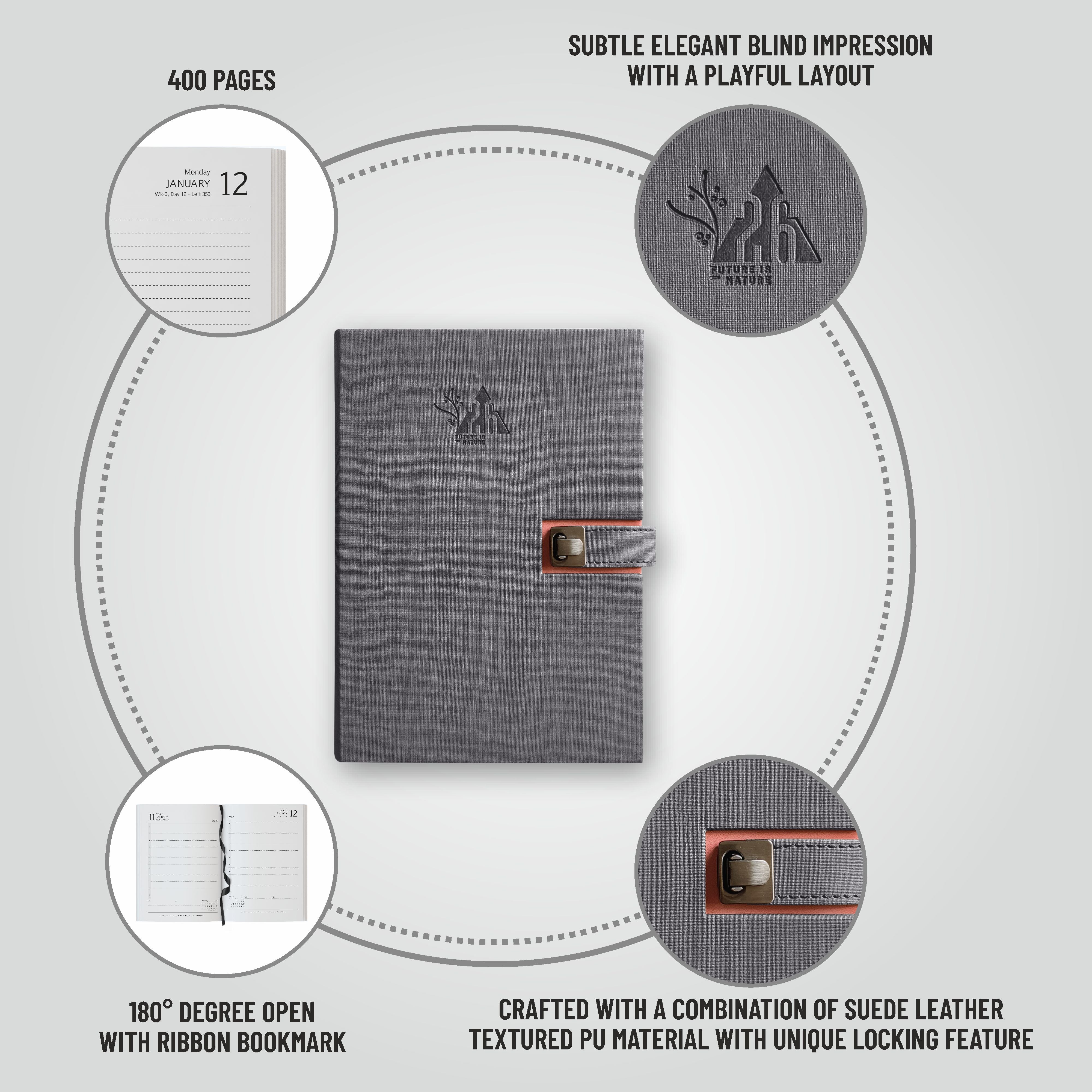 Anupam Spark 2026 New Year Diary – Daily Planner with Dates, Magnetic Closure, Monthly Calendar, PU Cover with Pen Holder – 80 GSM, 365 Pages