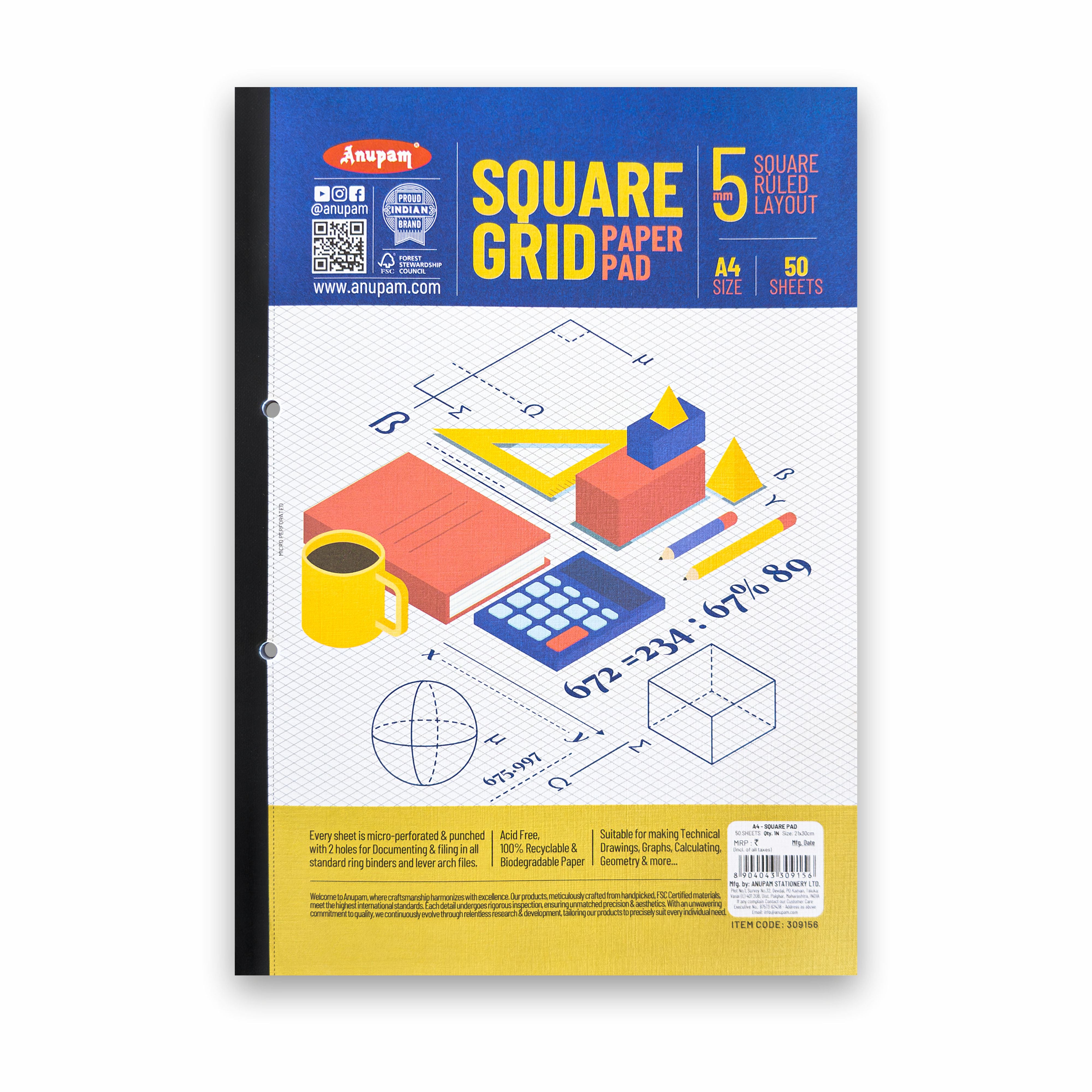 Anupam A4 5mm Squared Paper Book - 80 GSM - Acid-Free Paper Graph Notebook for School-Office (Pack of 2)