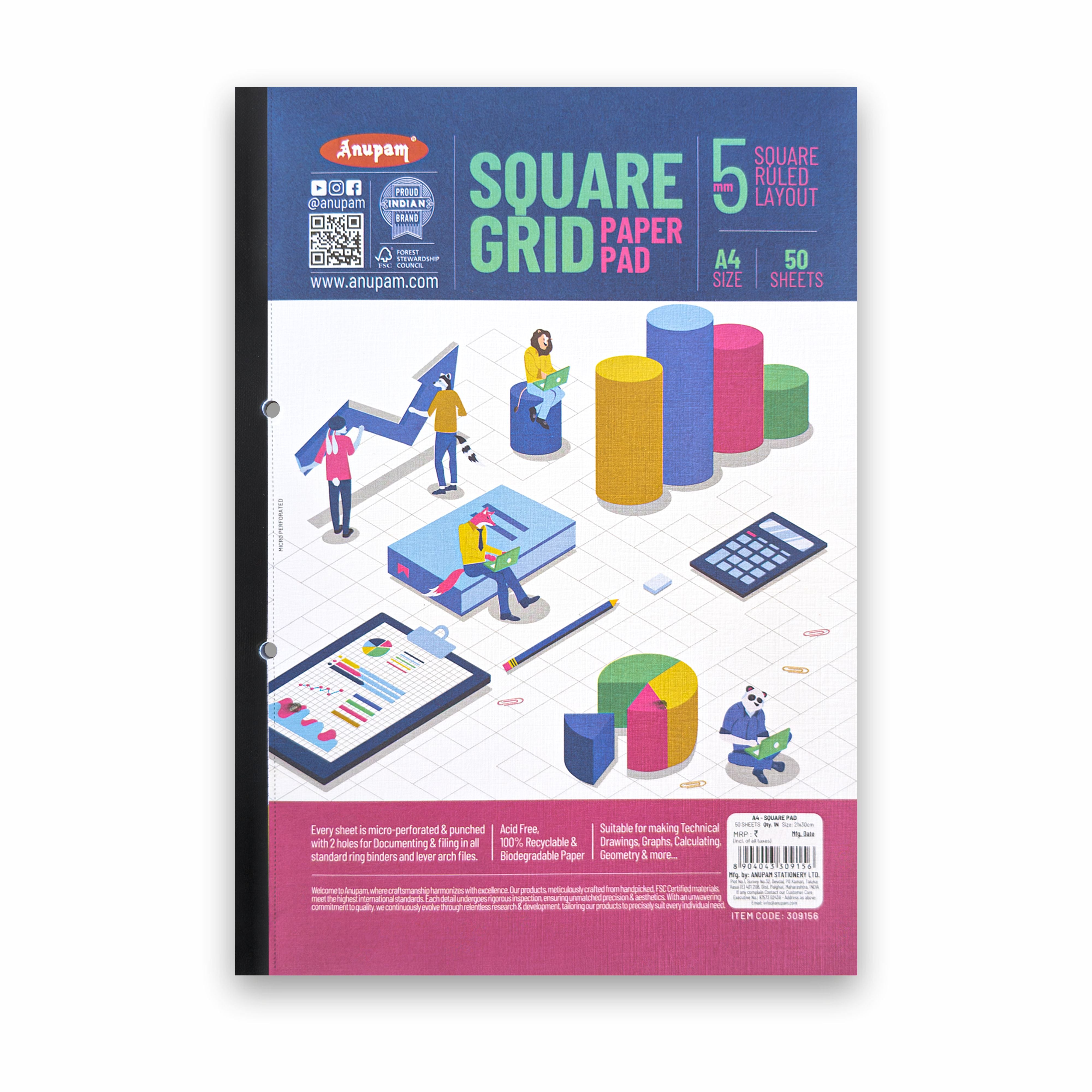 Anupam A4 5mm Squared Paper Book - 80 GSM - Acid-Free Paper Graph Notebook for School-Office (Pack of 2)