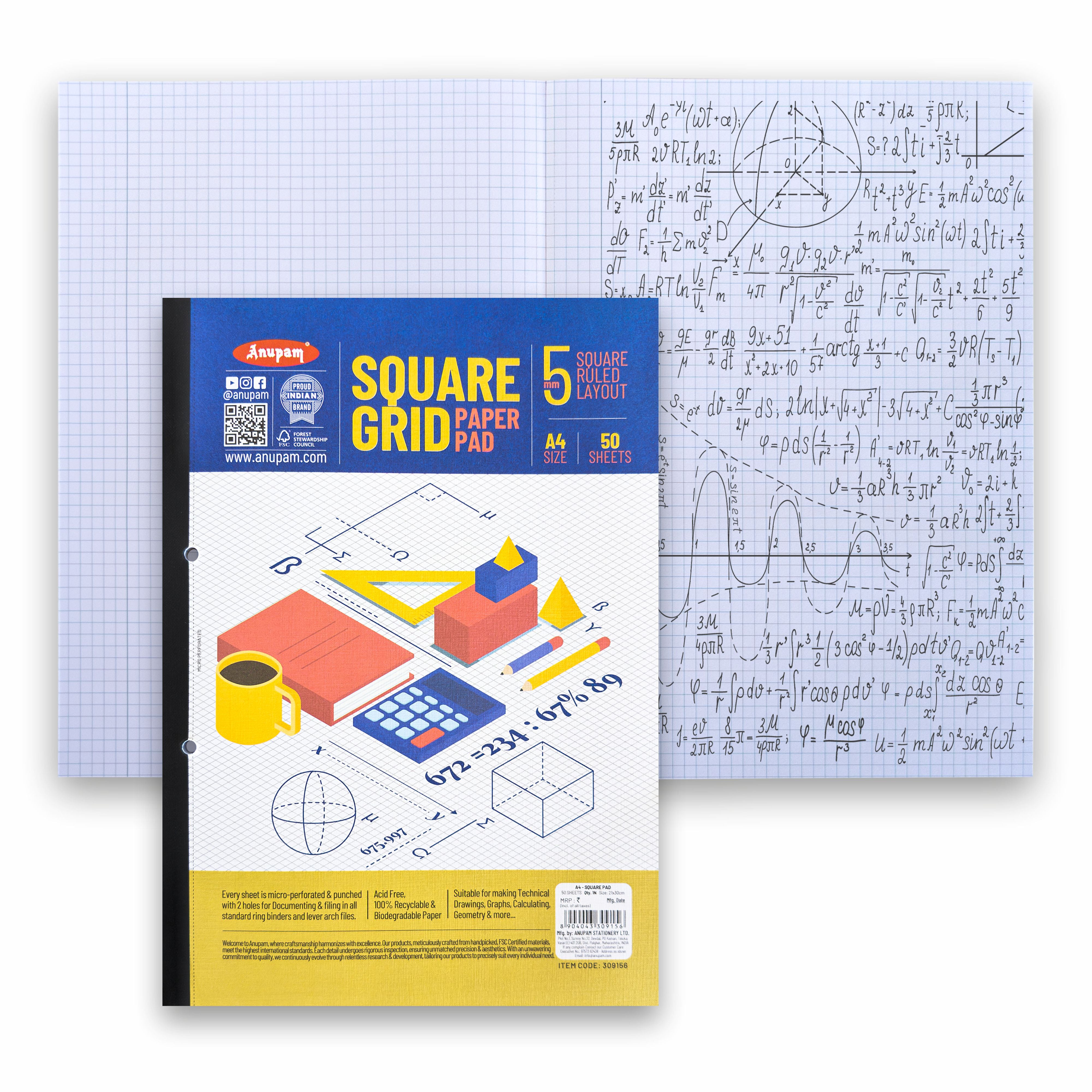 Anupam A4 5mm Squared Paper Book - 80 GSM - Acid-Free Paper Graph Notebook for School-Office (Pack of 2)