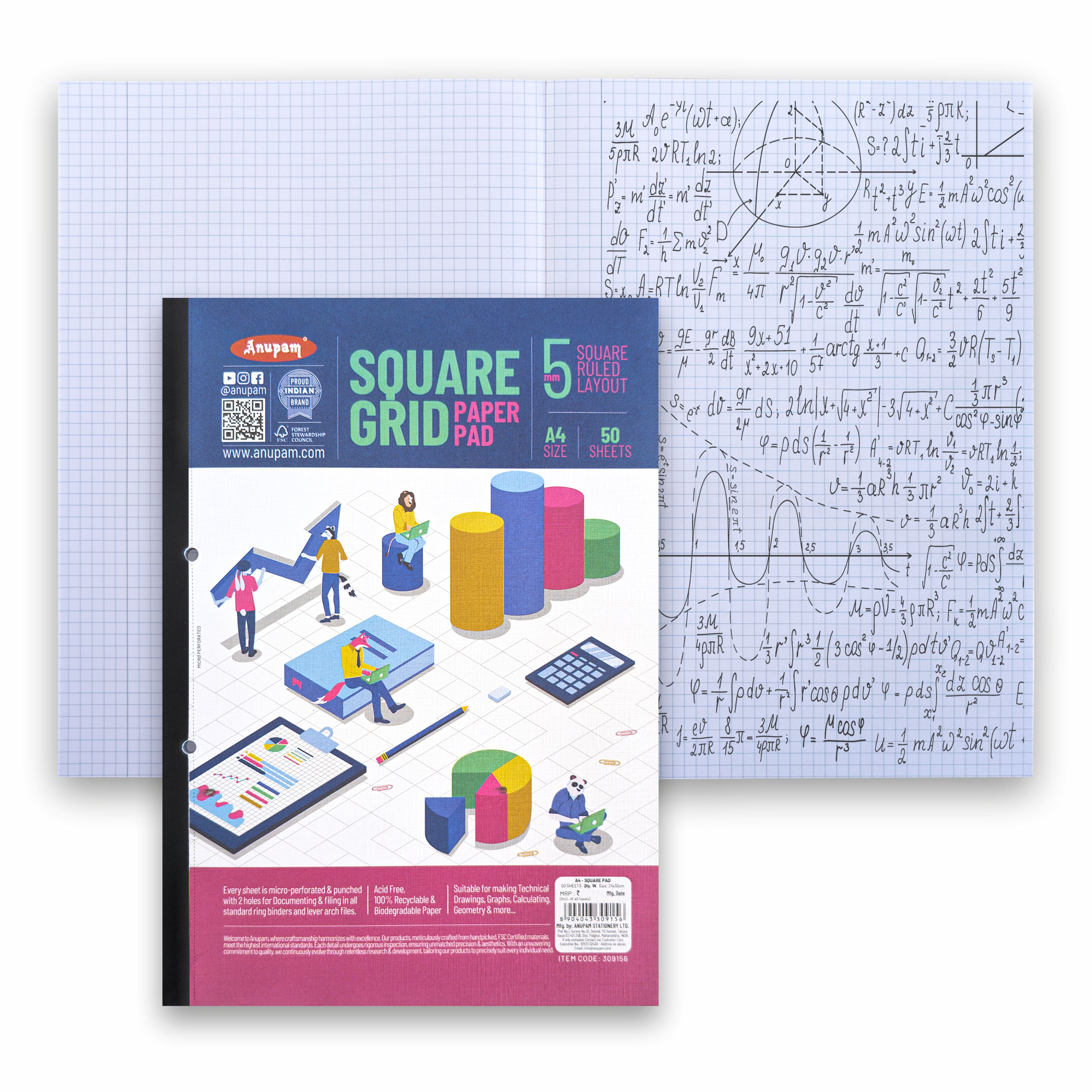 Anupam A4 5mm Squared Paper Book - 80 GSM - Acid-Free Paper Graph Notebook for School-Office (Pack of 2)
