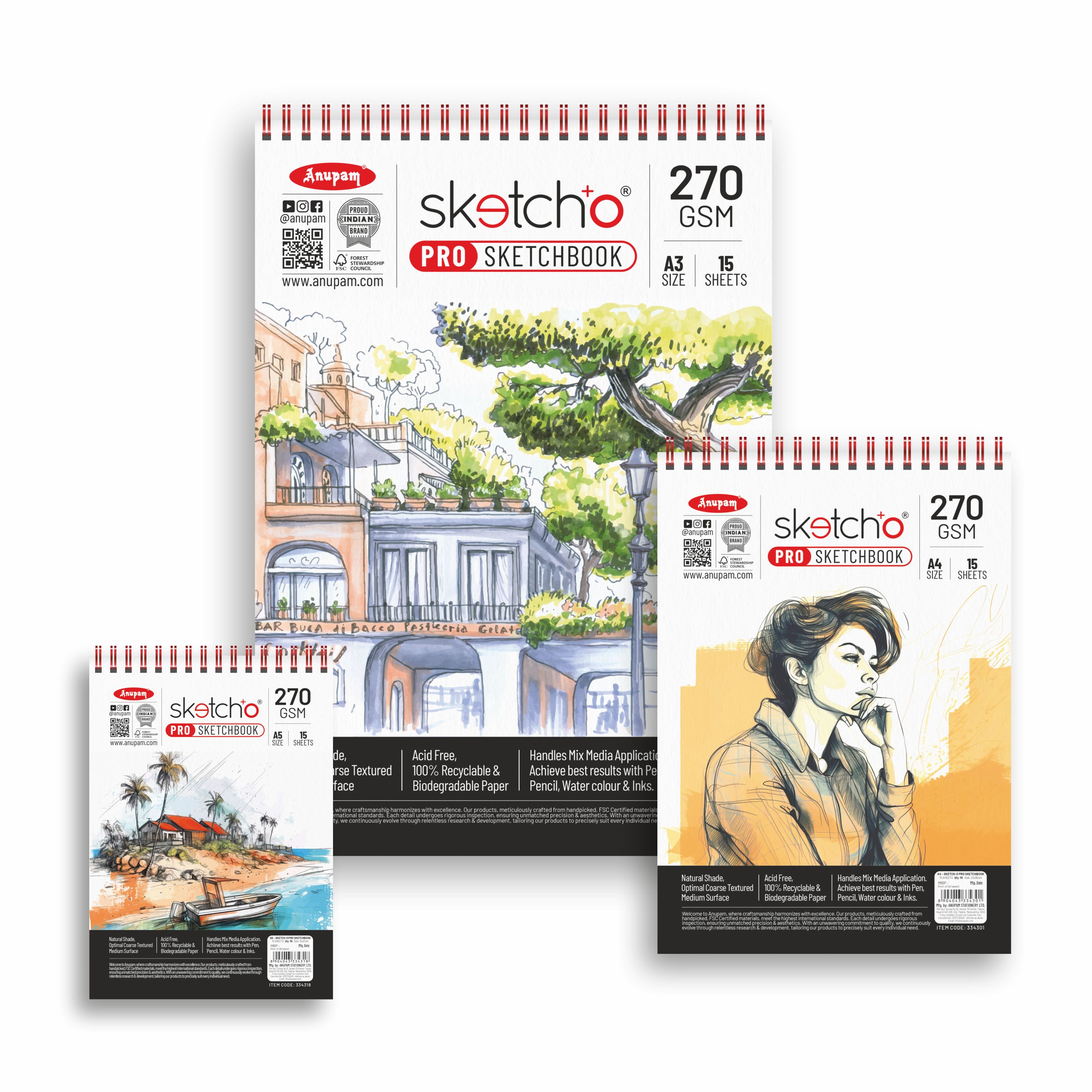 Anupam Sketch-O Pro Spiral Bound Sketchbook – 270 GSM Acid-Free Natural Shade Paper with Coarse Textured Surface - 15 Sheets