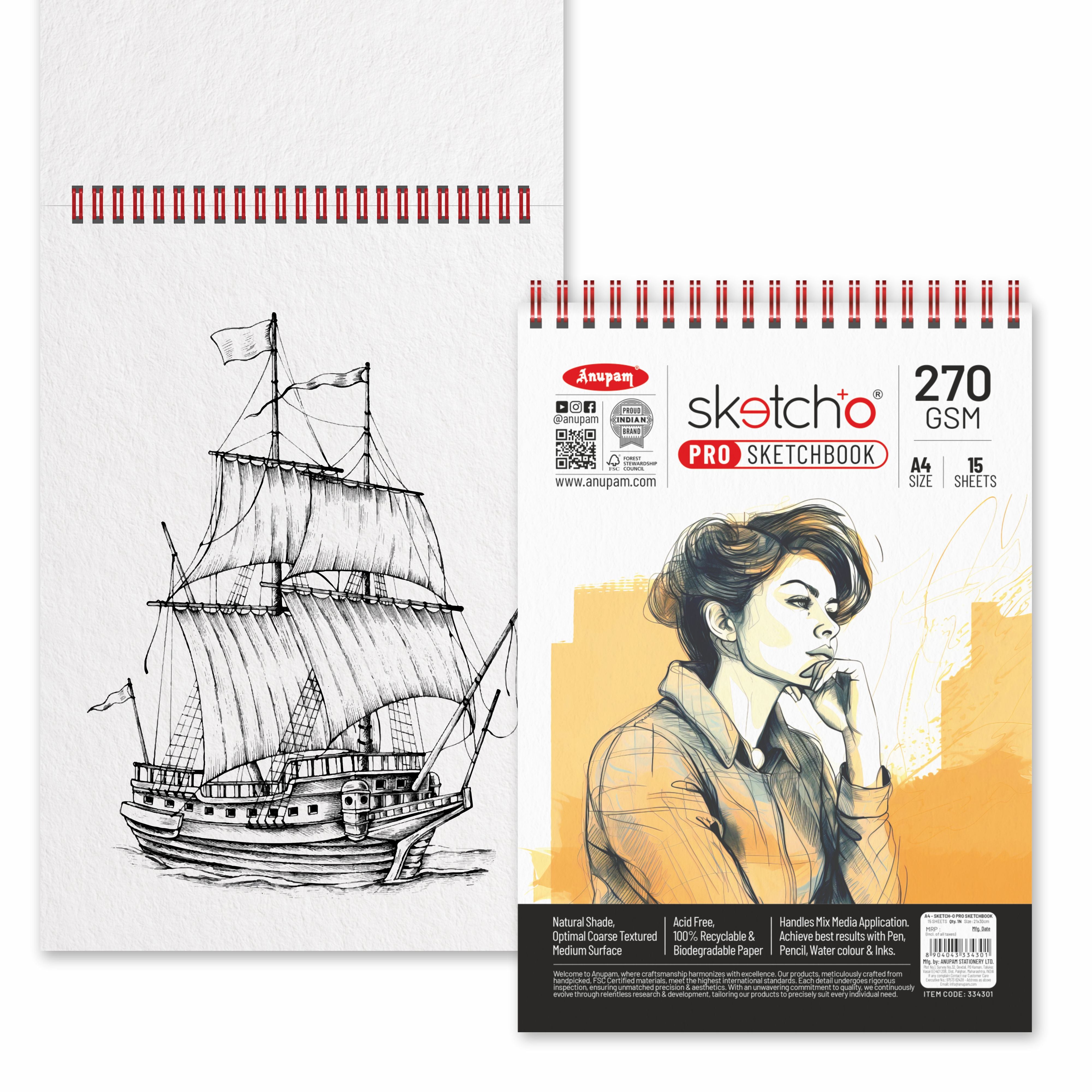 Anupam Sketch-O Pro Spiral Bound Sketchbook – 270 GSM Acid-Free Natural Shade Paper with Coarse Textured Surface - 15 Sheets