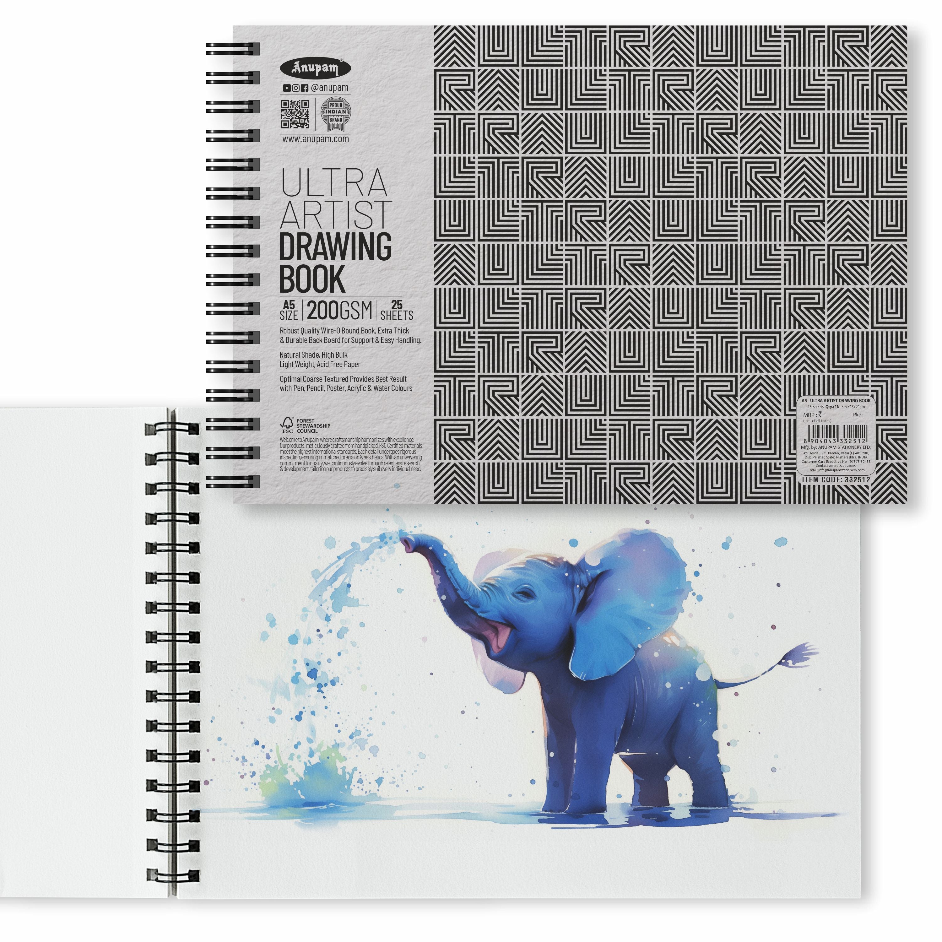 Anupam Ultra Artist Drawing Book - Wireo Bound - 200gsm Cartridge Paper-25 sheets