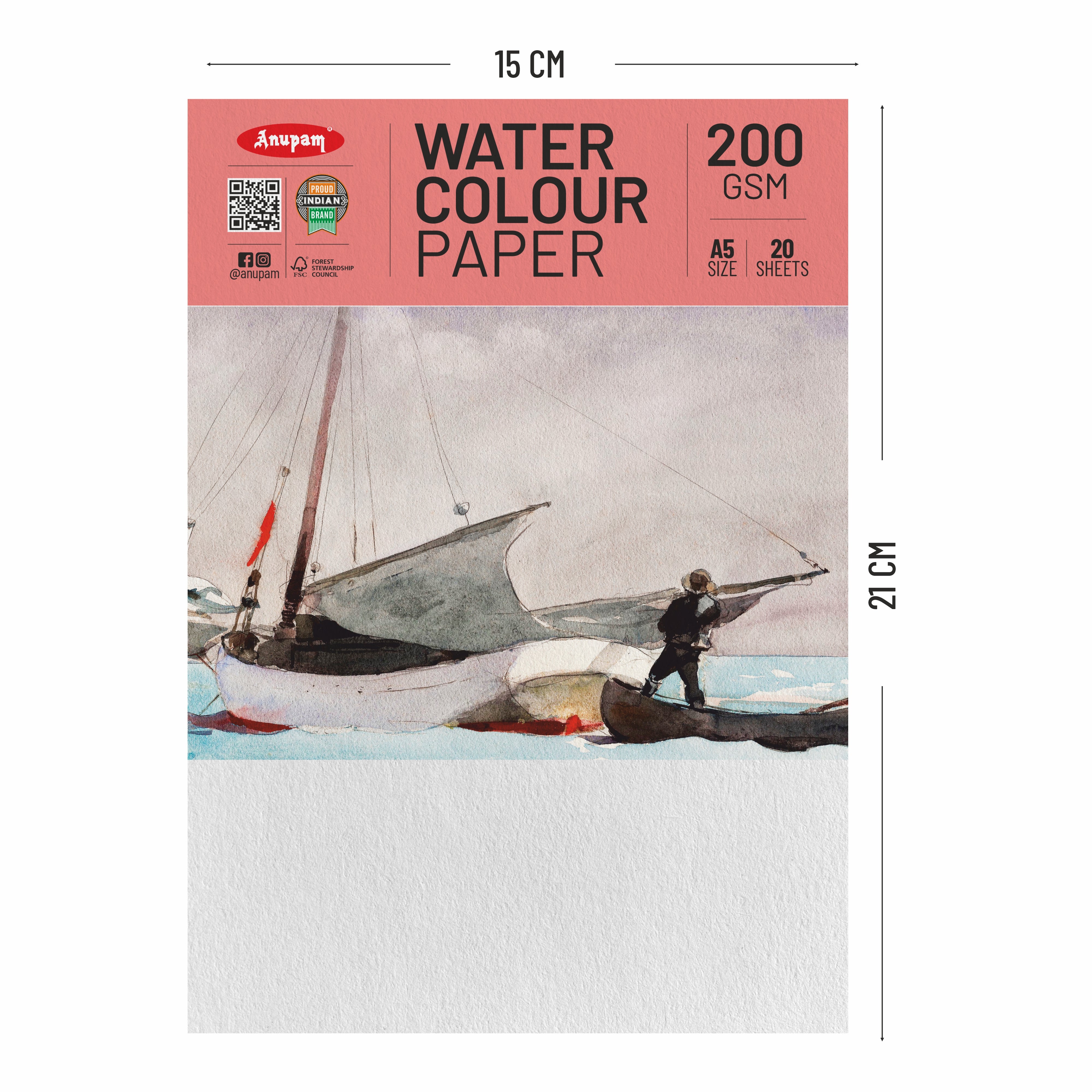 Anupam Watercolour Paper Loose Sheets-Natural white-Grained Surface-Cold Pressed-(200 and 300 GSM)