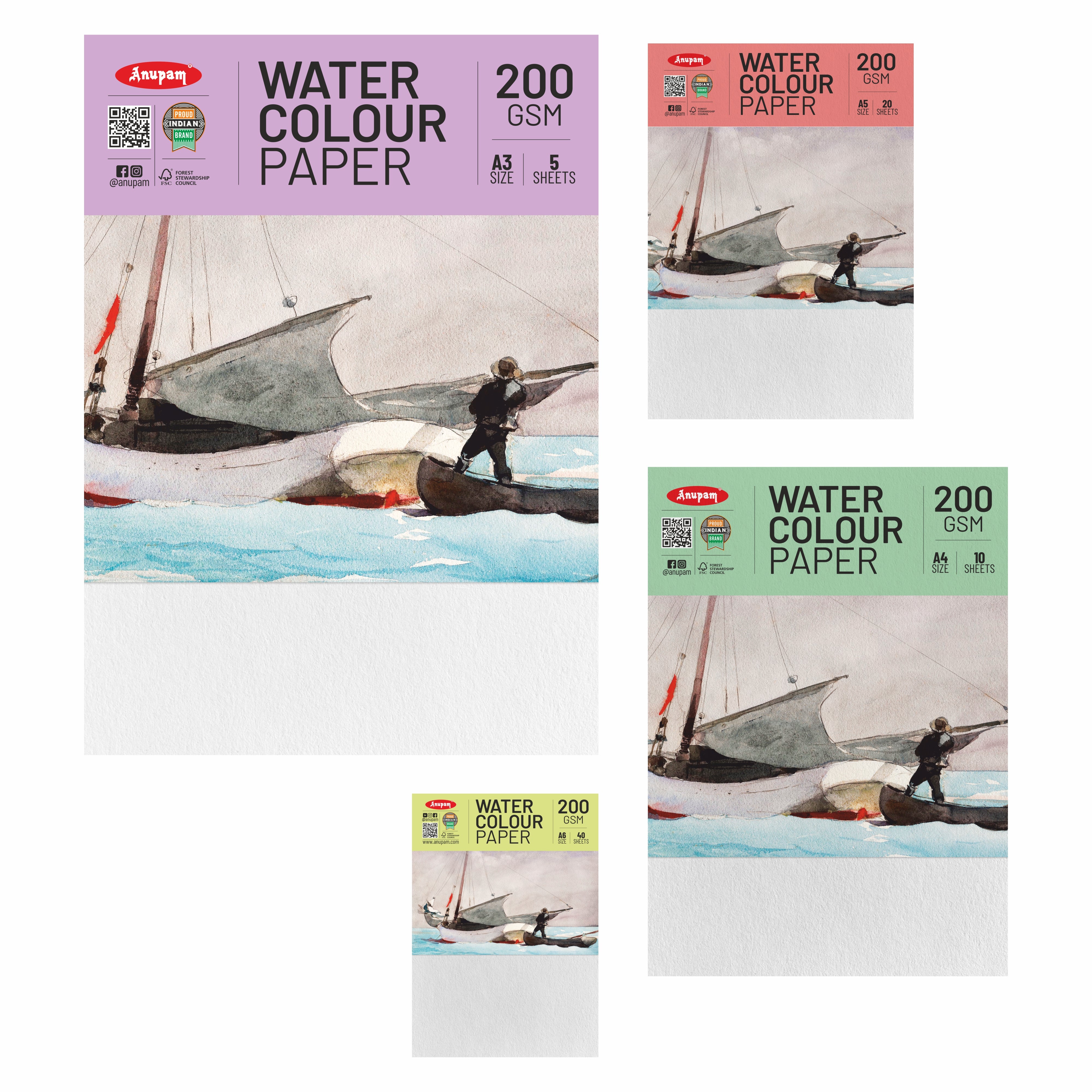 Anupam Watercolour Paper Loose Sheets-Natural white-Grained Surface-Cold Pressed-(200 and 300 GSM)