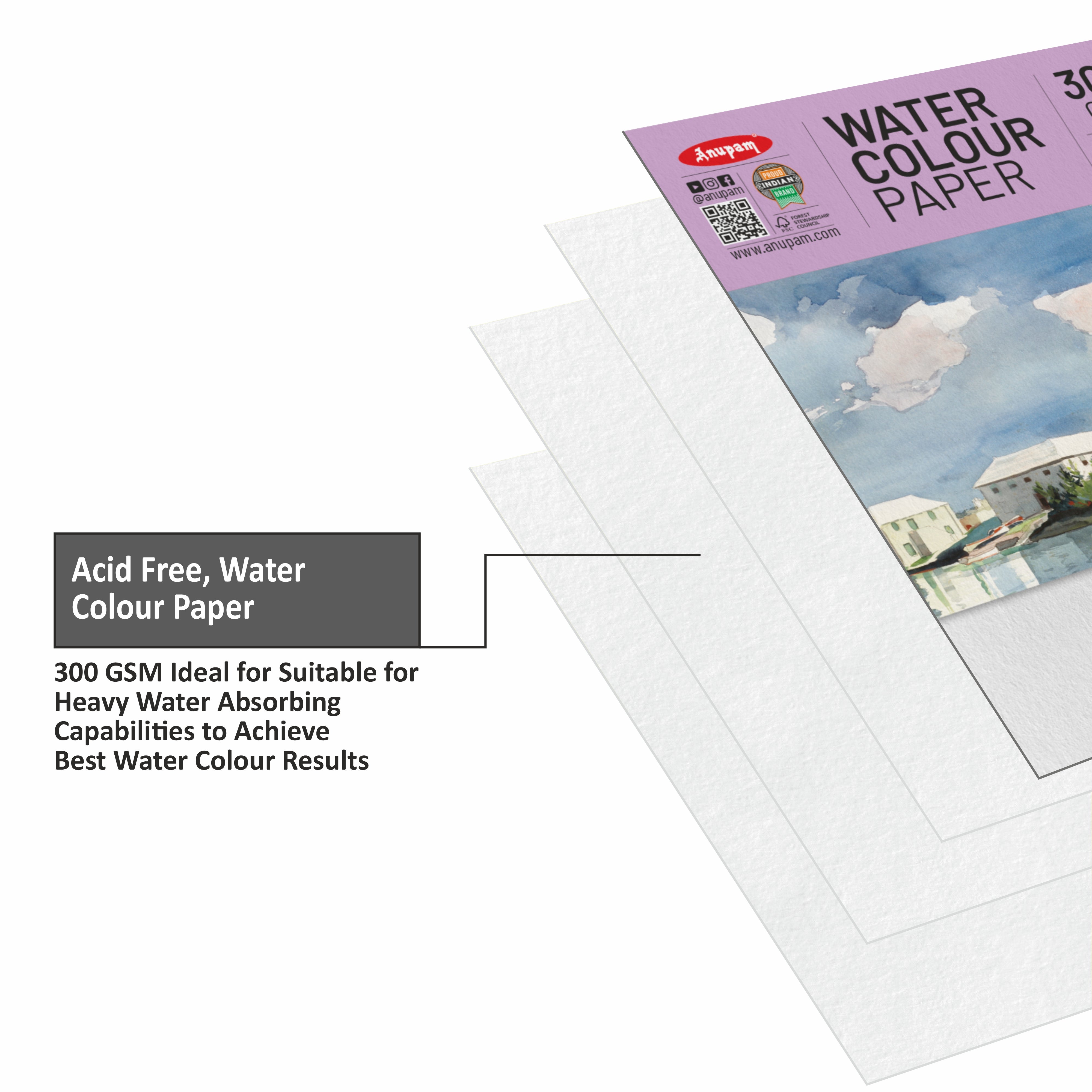 Anupam Watercolour Paper Loose Sheets-Natural white-Grained Surface-Cold Pressed-(200 and 300 GSM)