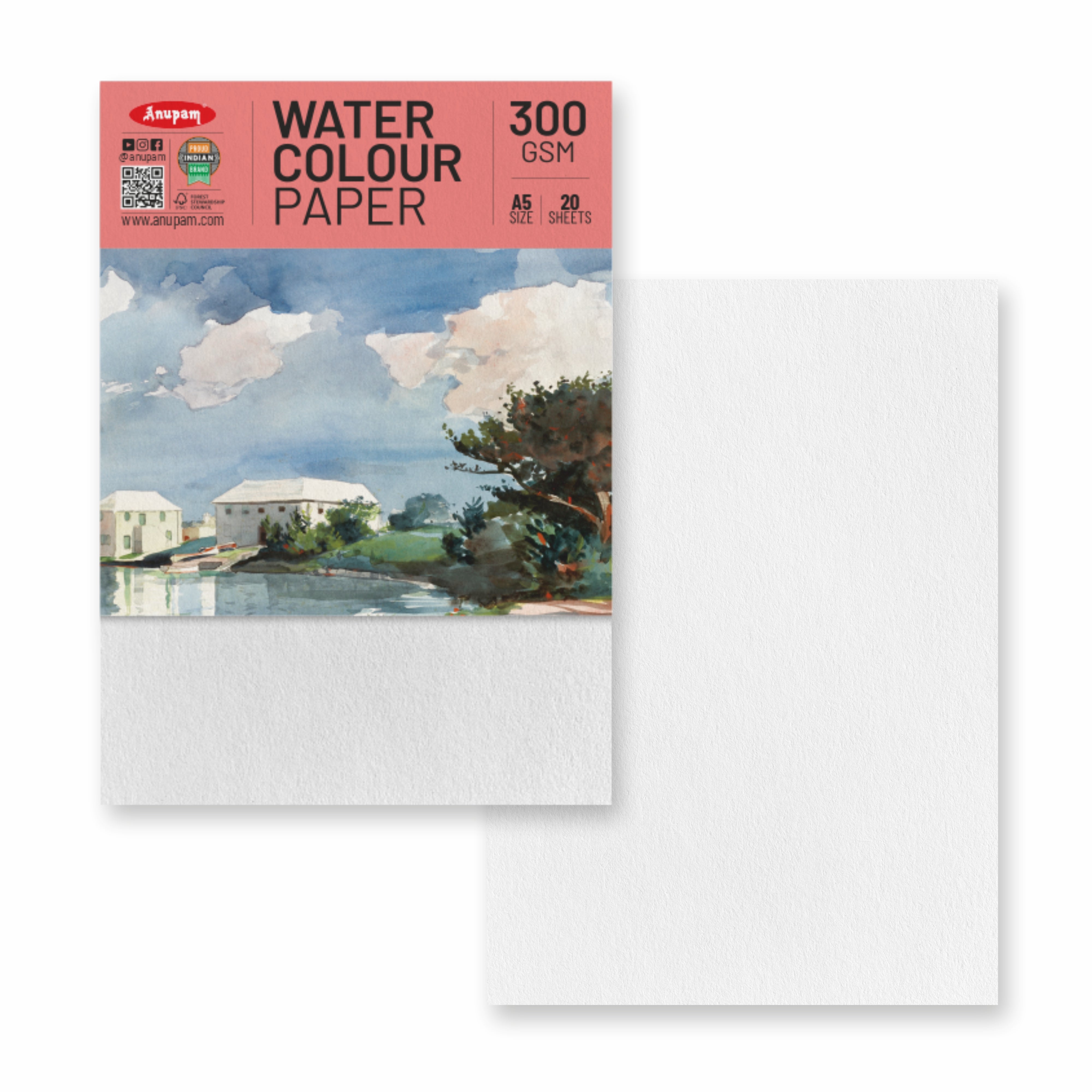 Anupam Watercolour Paper Loose Sheets-Natural white-Grained Surface-Cold Pressed-(200 and 300 GSM)